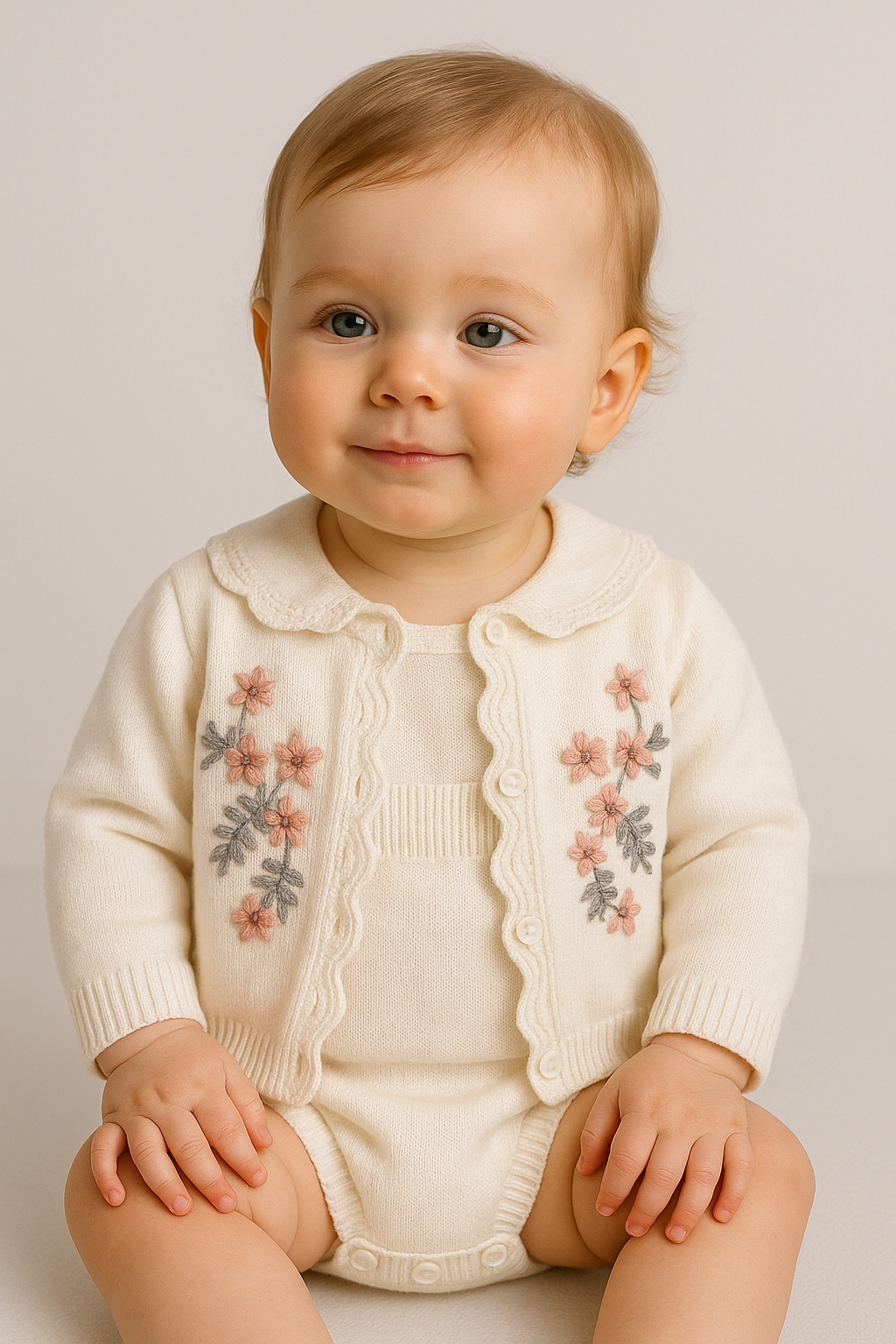 Baby Girls’ Knit Suspender Romper & Embroidered Cardigan Set - 2421 - Ivory Model Picture