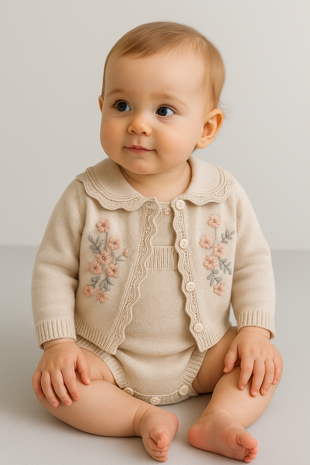 Baby Girls’ Knit Suspender Romper & Embroidered Cardigan Set - 2421 - Sand Beige Model Picture