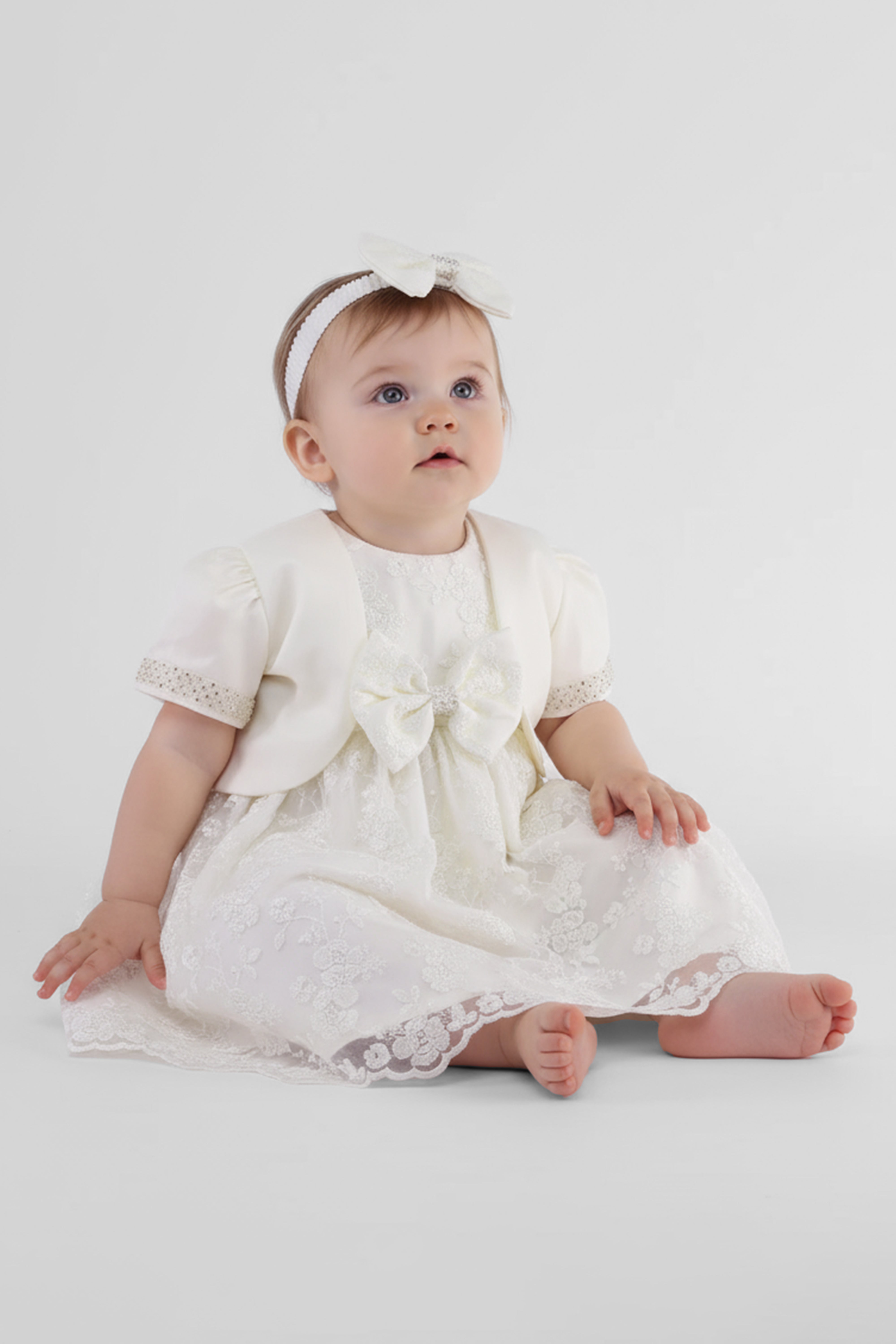 Baby Girls Lace Bow Dress Set – B1202 - Ivory Model Picture