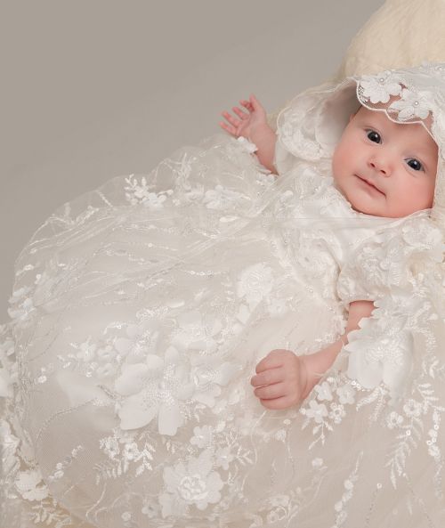 Baby Mädchen Spitzen Erbstück Taufkleid & Häubchen - RACHEAL - Offwhite