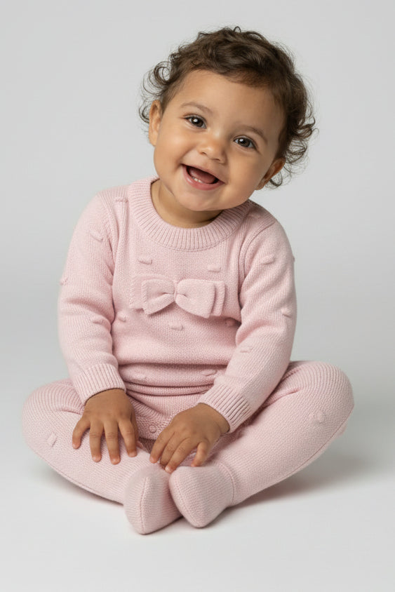 Baby Girls Long Sleeve Knit Romper with Bow Pink