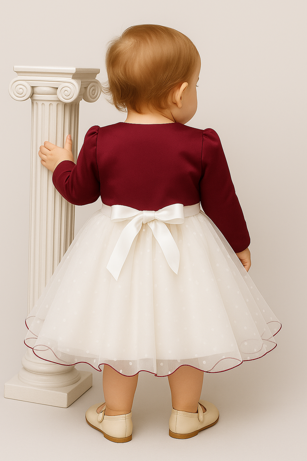 Baby Girls Wedding Cristening Bolero Dress - Ivory- Burgundy