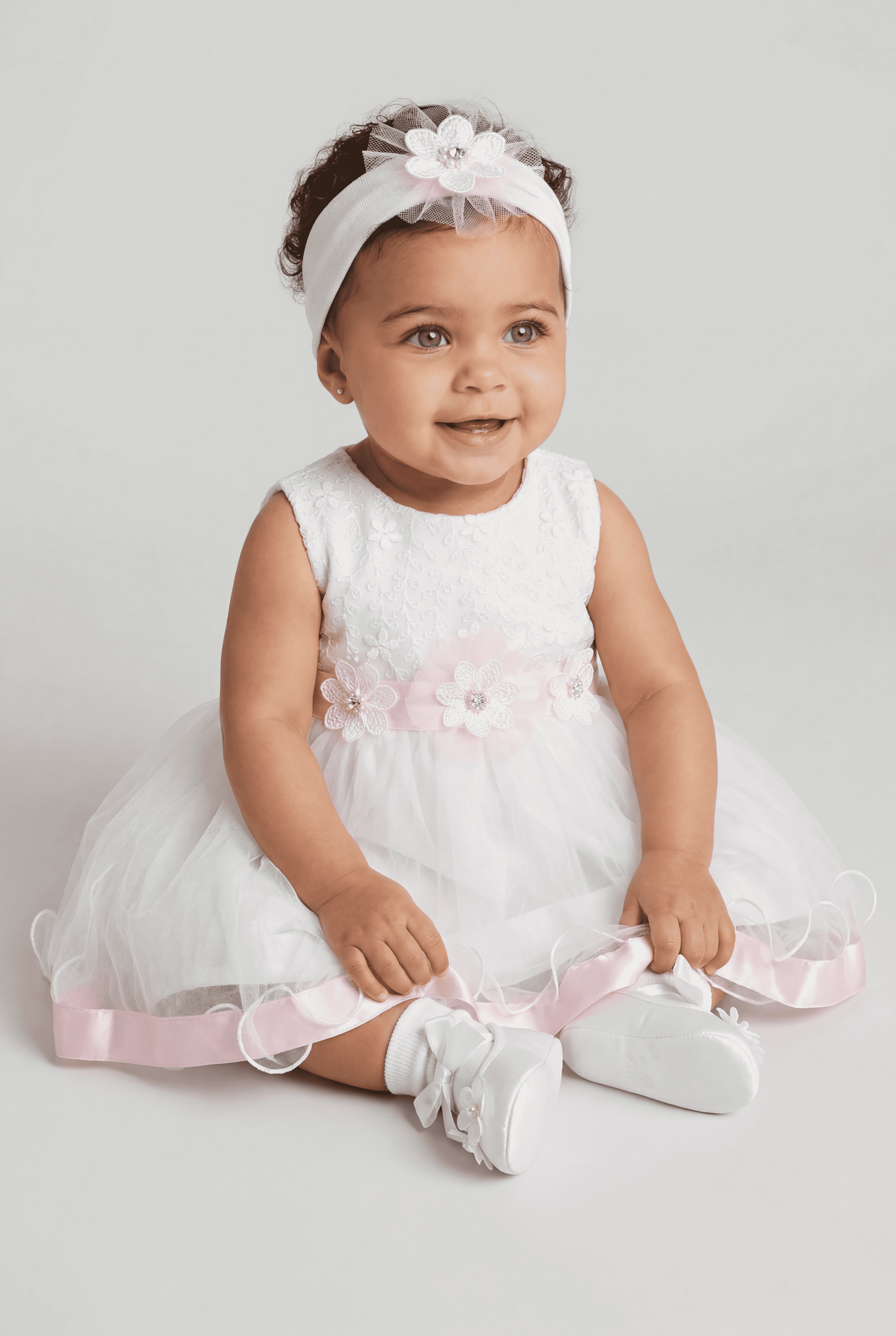 Vestito da festa in tulle Bianco per bambina con fascia e fascia per capelli Rosa