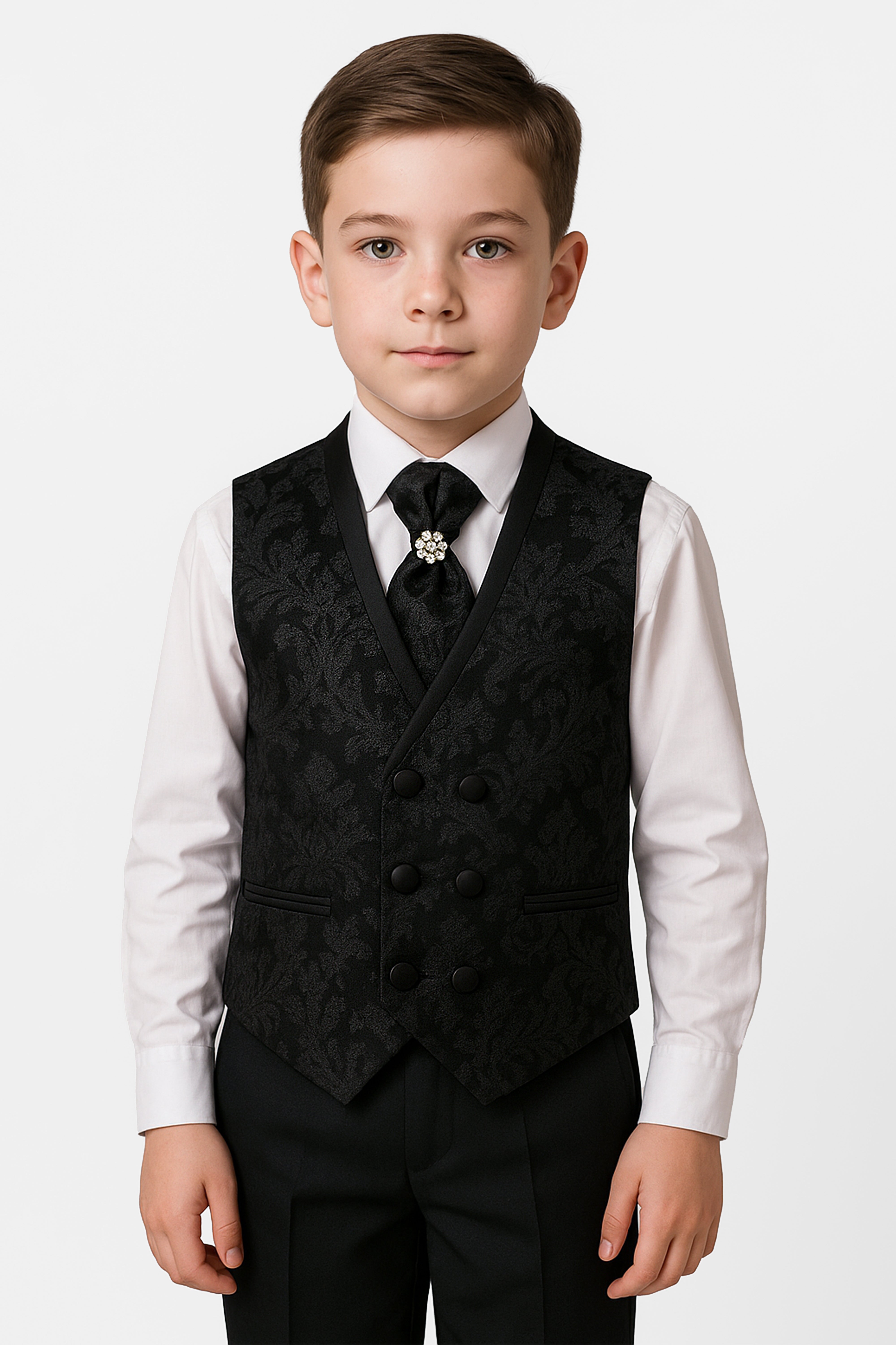 Boys 2-Piece Paisley Jacquard Waistcoat Cravat Set  - Black Model Picture