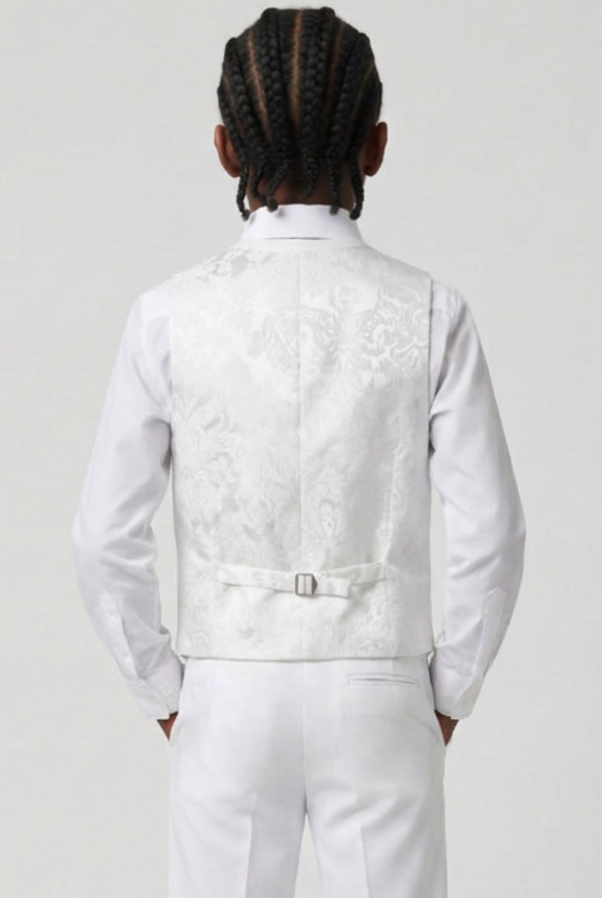 Boys 2-Piece Paisley Jacquard Waistcoat Cravat Set - Damask White Model Back Picture