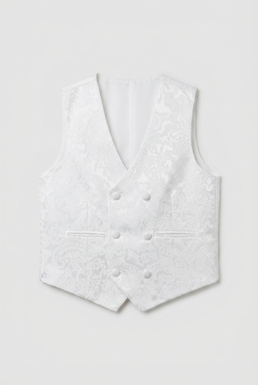 Boys 2-Piece Paisley Jacquard Waistcoat Cravat Set - Damask White  Front Picture