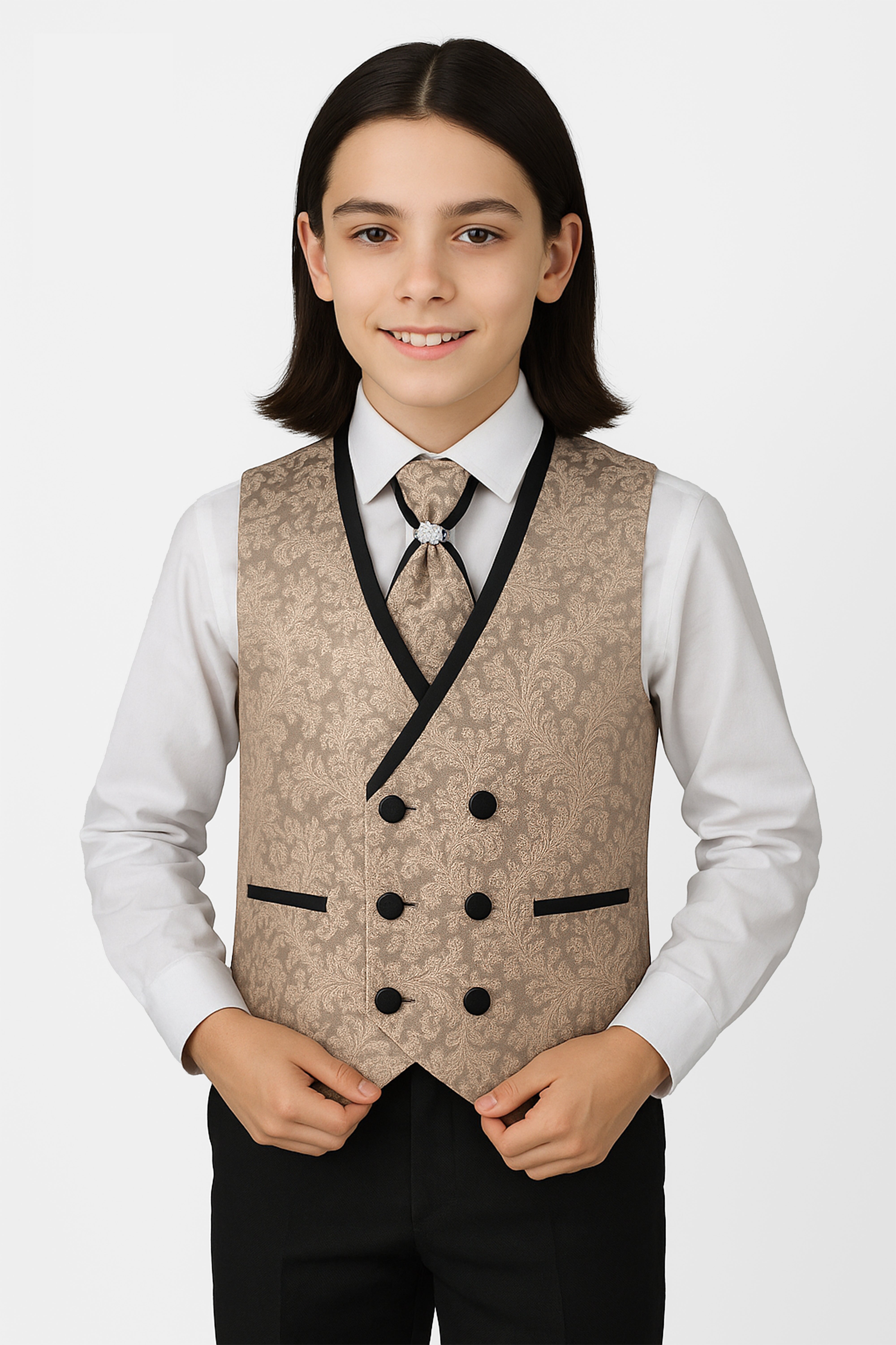 Boys 2-Piece Paisley Jacquard Waistcoat Cravat Set  - Gold Model Picture