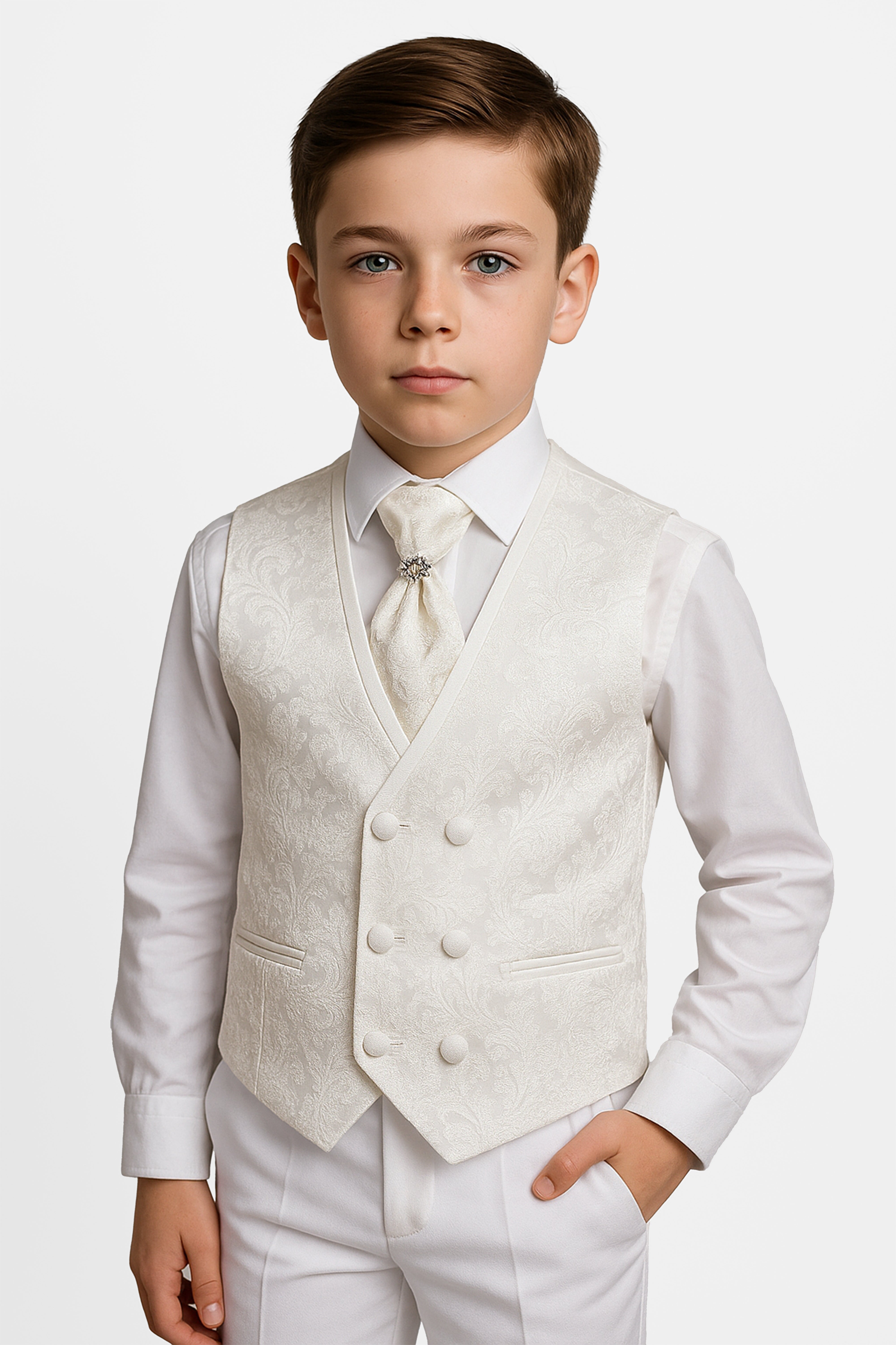 Boys 2-Piece Paisley Jacquard Waistcoat Cravat Set  - Ivory Model Picture