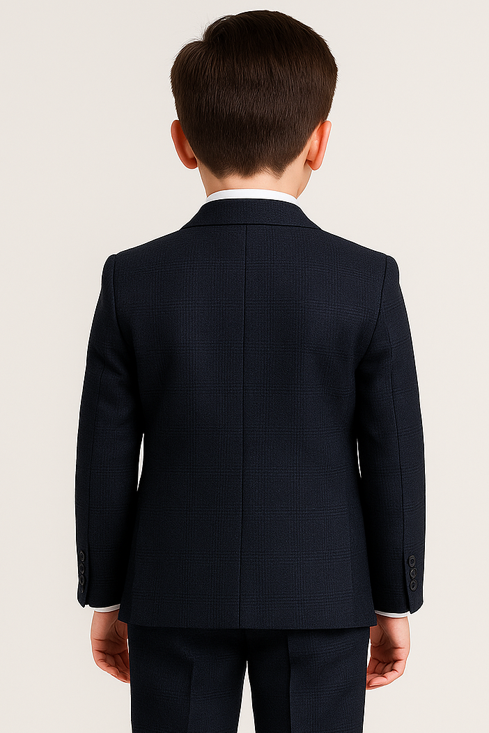 Boys 3-Piece Glen Check Tweed Formal Suit - Regent - Navy Blue Back picture
