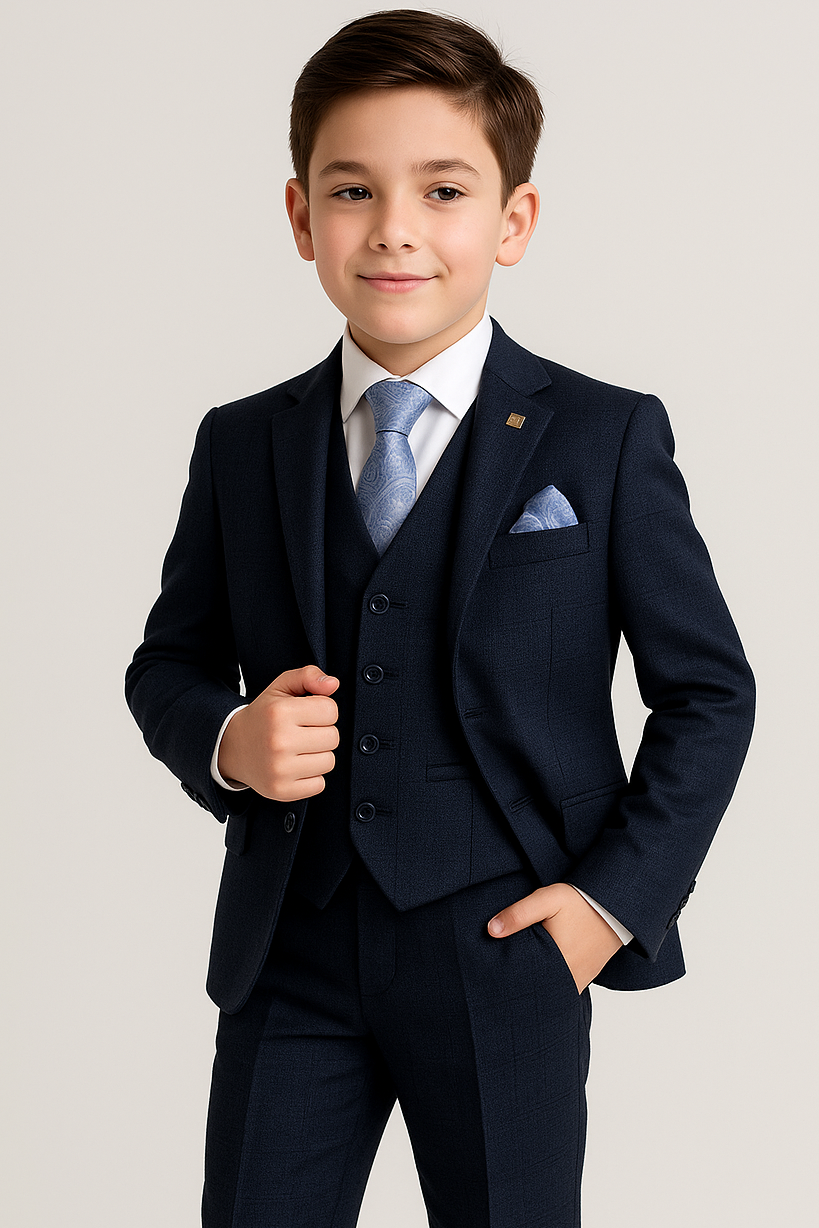 Boys 3-Piece Glen Check Tweed Formal Suit - Regent - Navy Blue Model Picture