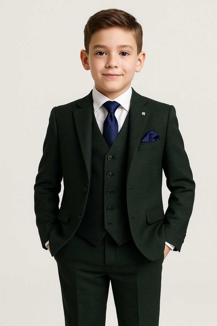 Boys 3-Piece Glen Check Tweed Formal Suit - Regent - Olive Green