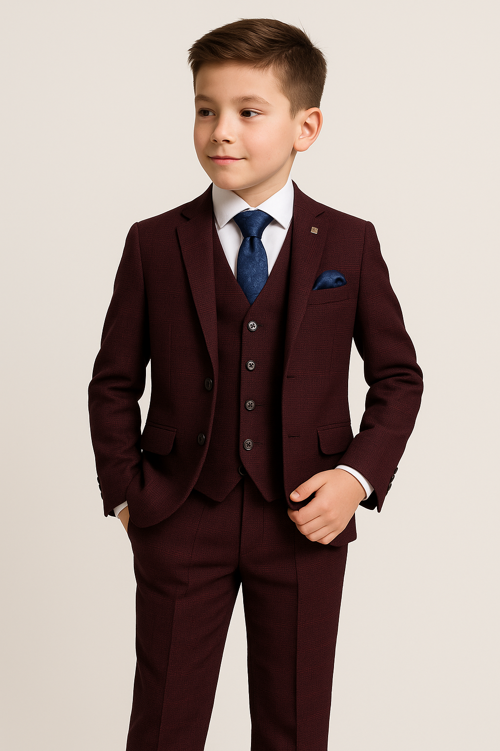 Boys 3-Piece Glen Check Tweed Formal Suit - Regent - Wine Burgundy Modle Picture