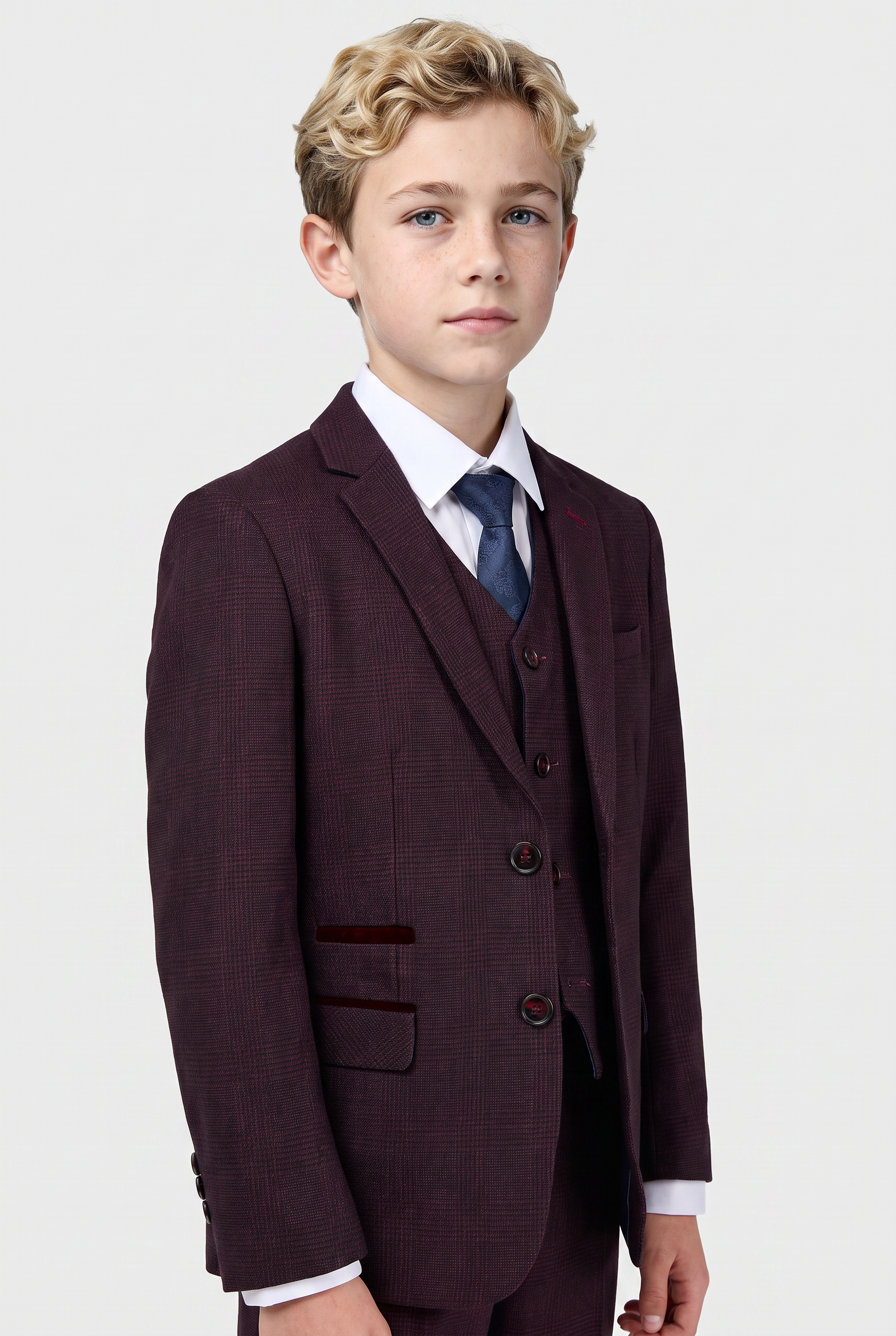 Boys 3-Piece Glen Check Tweed Formal Suit - Regent - Wine Burgundy Model Picture