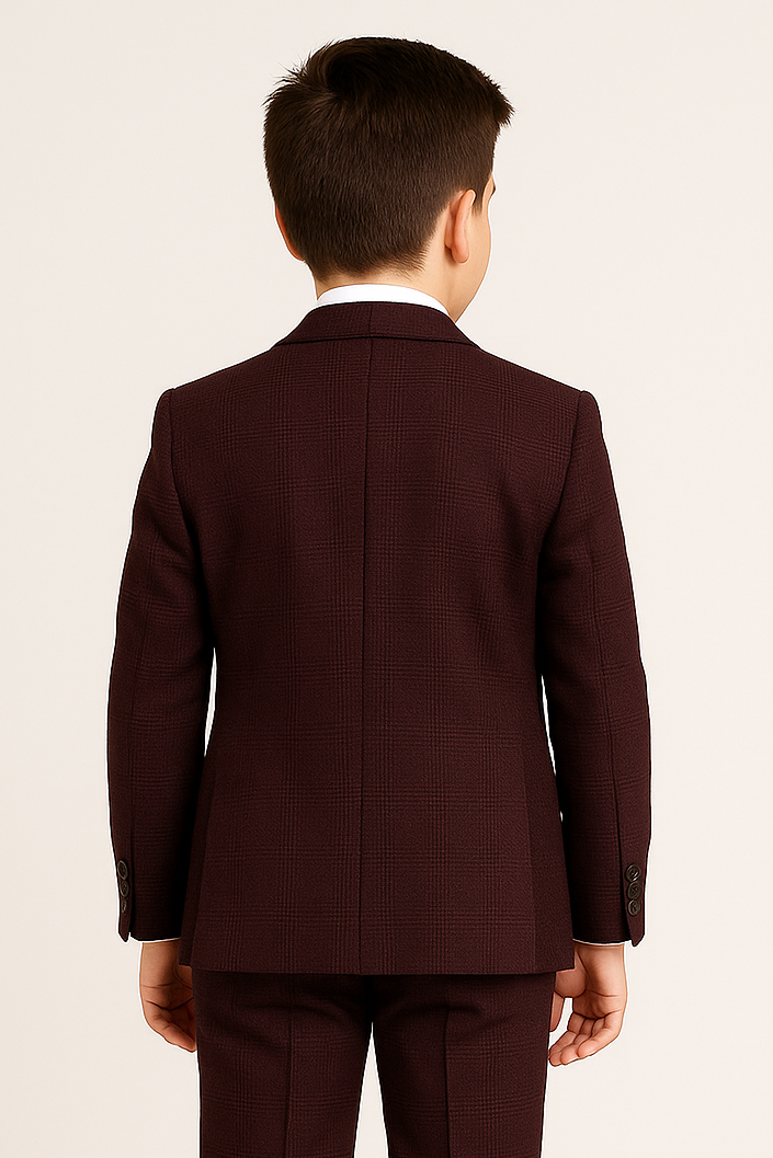 Boys 3-Piece Glen Check Tweed Formal Suit - Regent - Wine Burgundy Back Picture