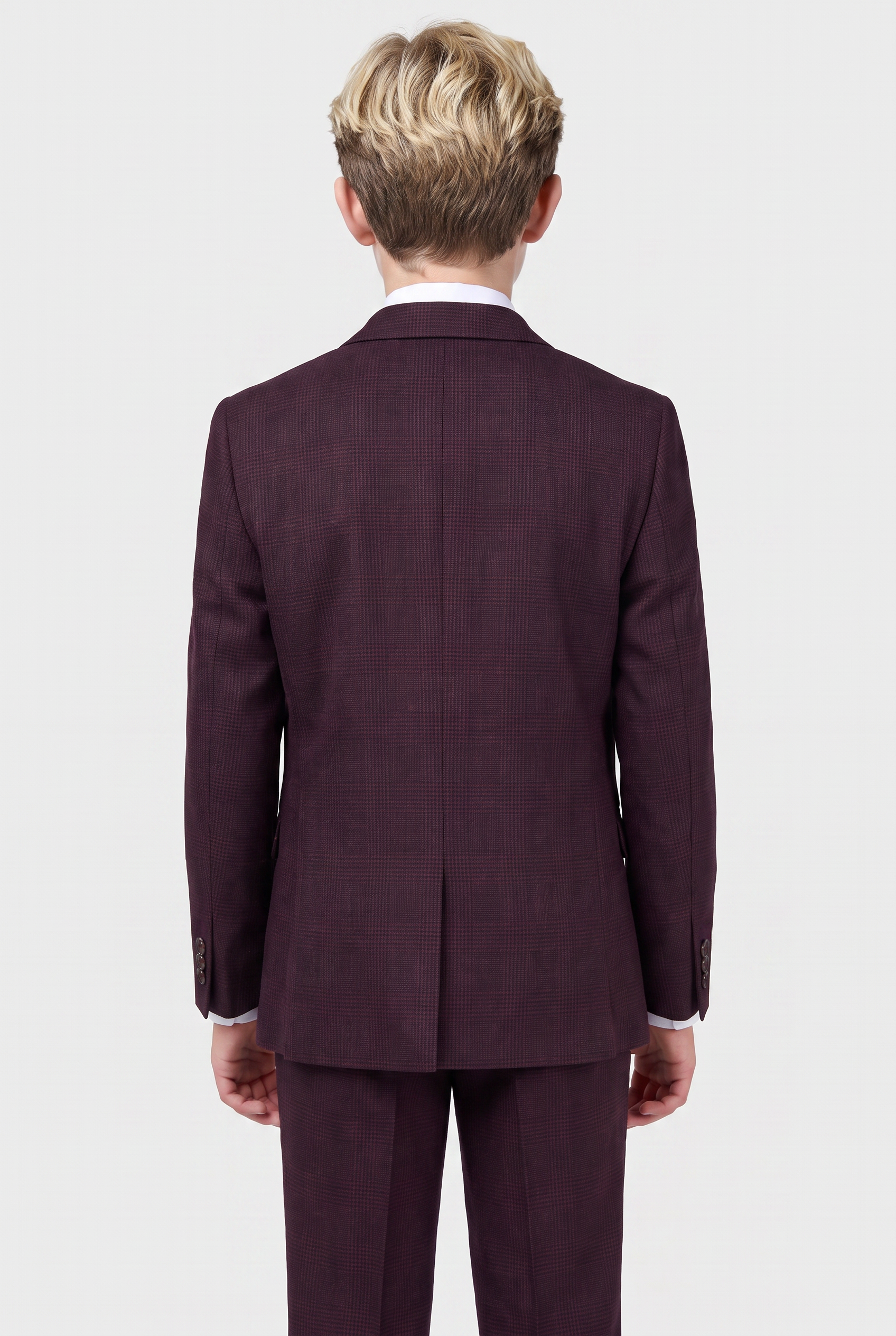 Boys 3-Piece Glen Check Tweed Formal Suit - Regent - Wine Burgundy Model Back Picture