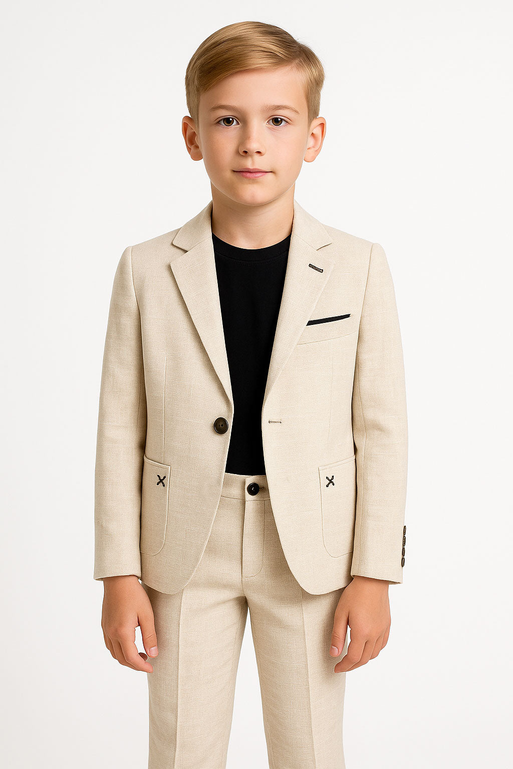 Boys 3-Piece Linen Casual Suit with T-Shirt - Keten - Cream Model Picture