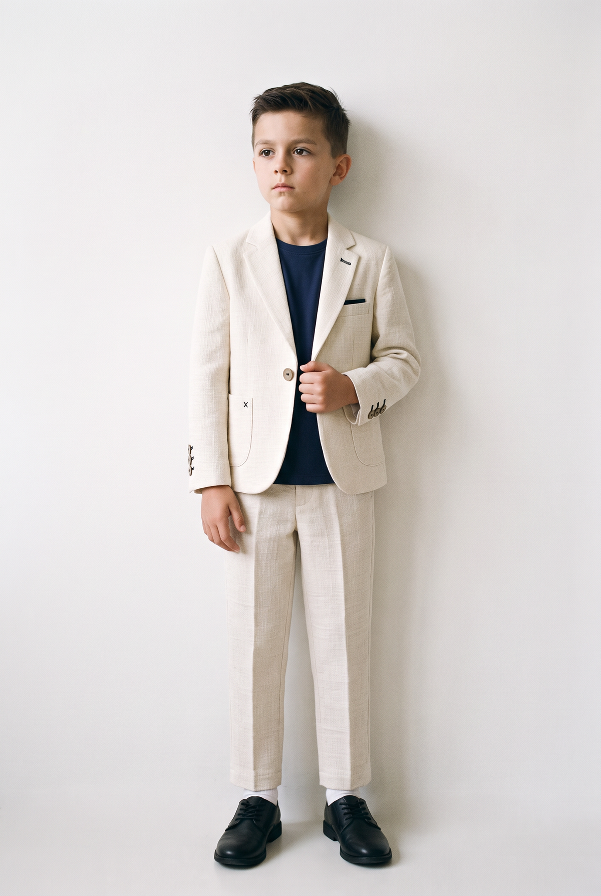 Boys 3-Piece Linen Casual Suit with T-Shirt - Keten - Cream Model  Front Picture