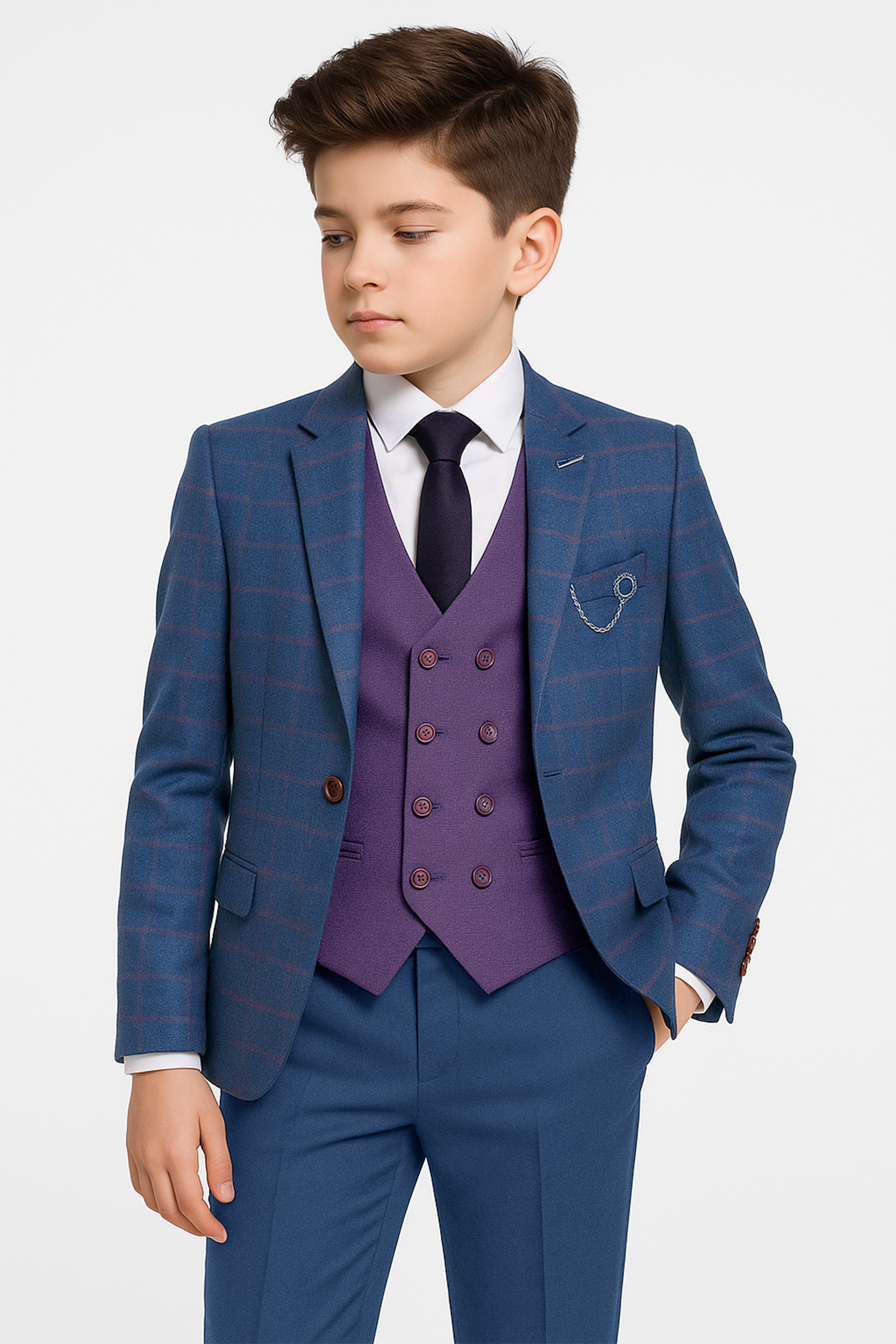 Boys 3-Piece Windowpane Check Slim Fit Suit Set Model Picture