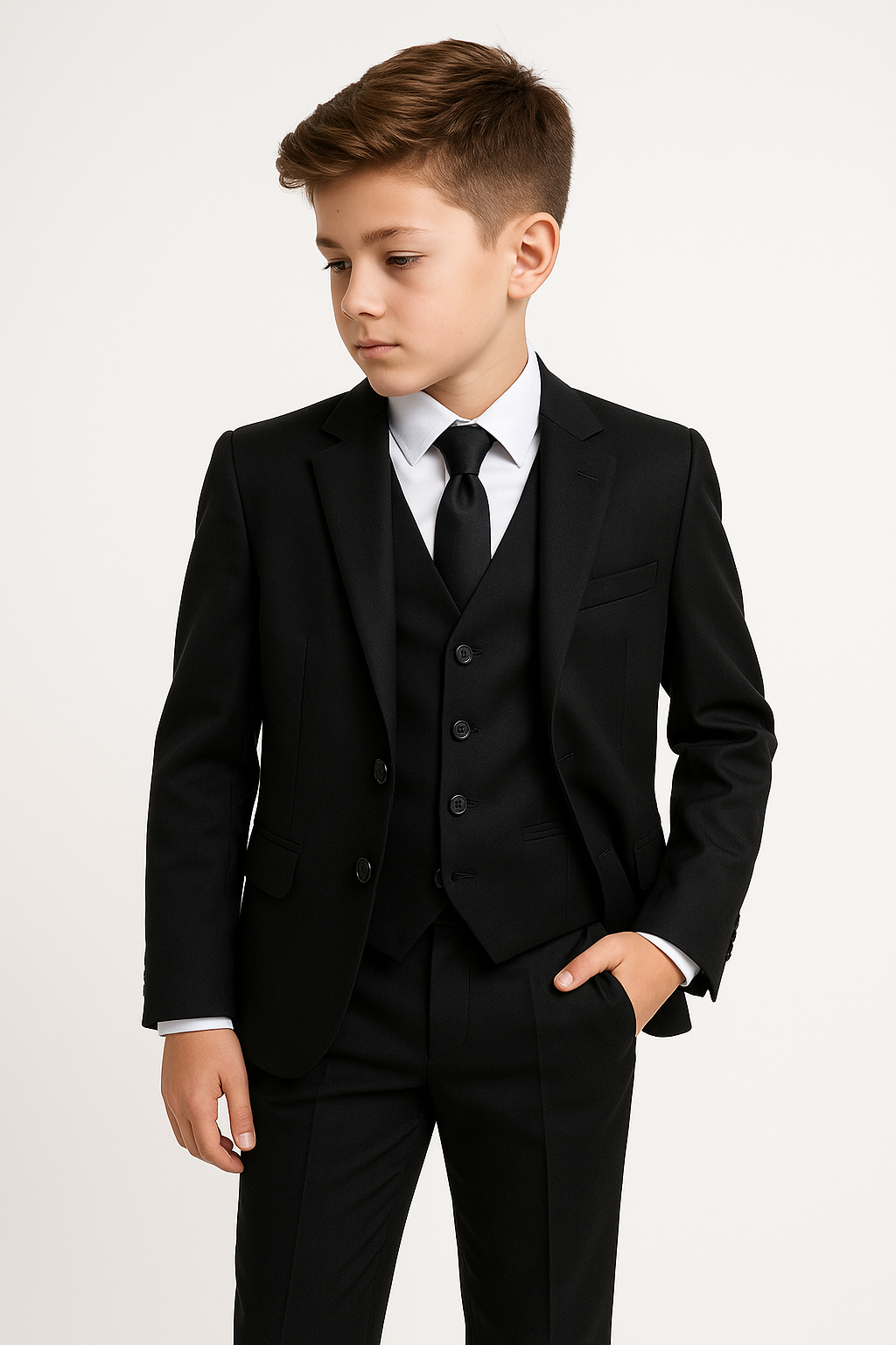 Boys 3-Piece Wool Tailored Fit Suit - Paris - Black Model Picture
