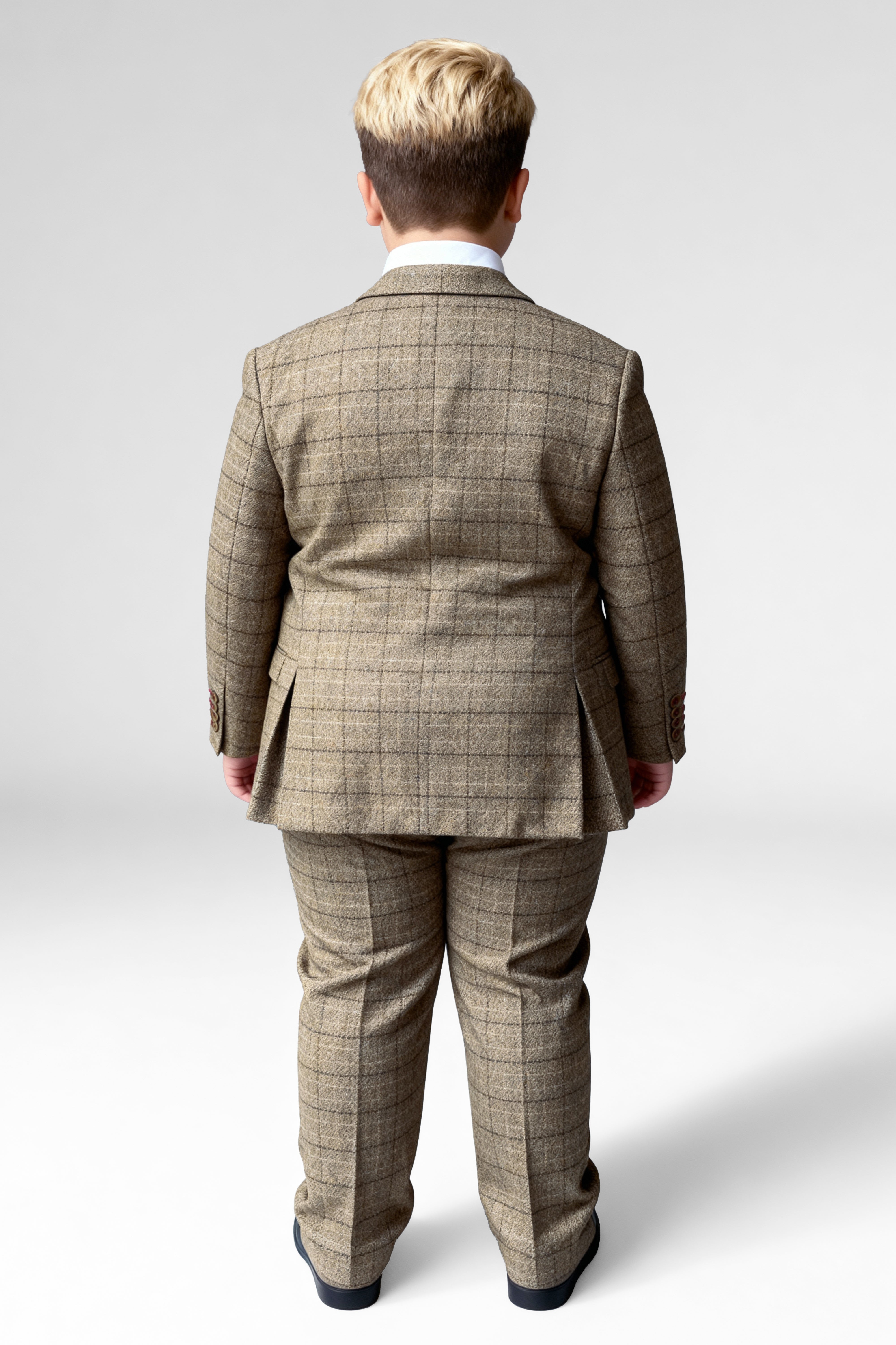 Boys 3-Piece Wool Tweed Windowpane Check Suit - Liam - Beige - Husky Size  Model Back Picture