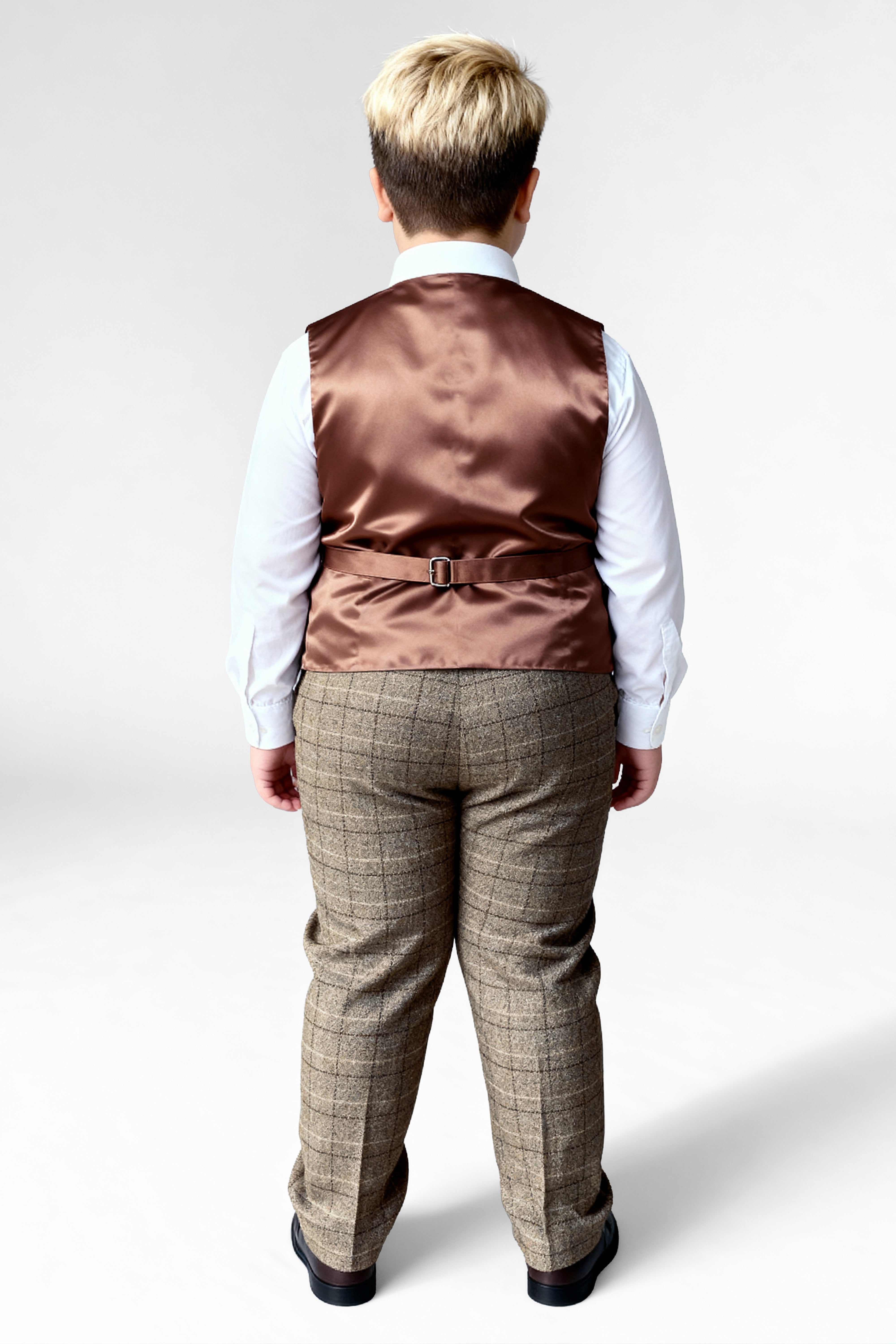 Boys 3-Piece Wool Tweed Windowpane Check Suit - Liam - Beige - Husky Size  Model Back Picture with Waistcoat and Trousers