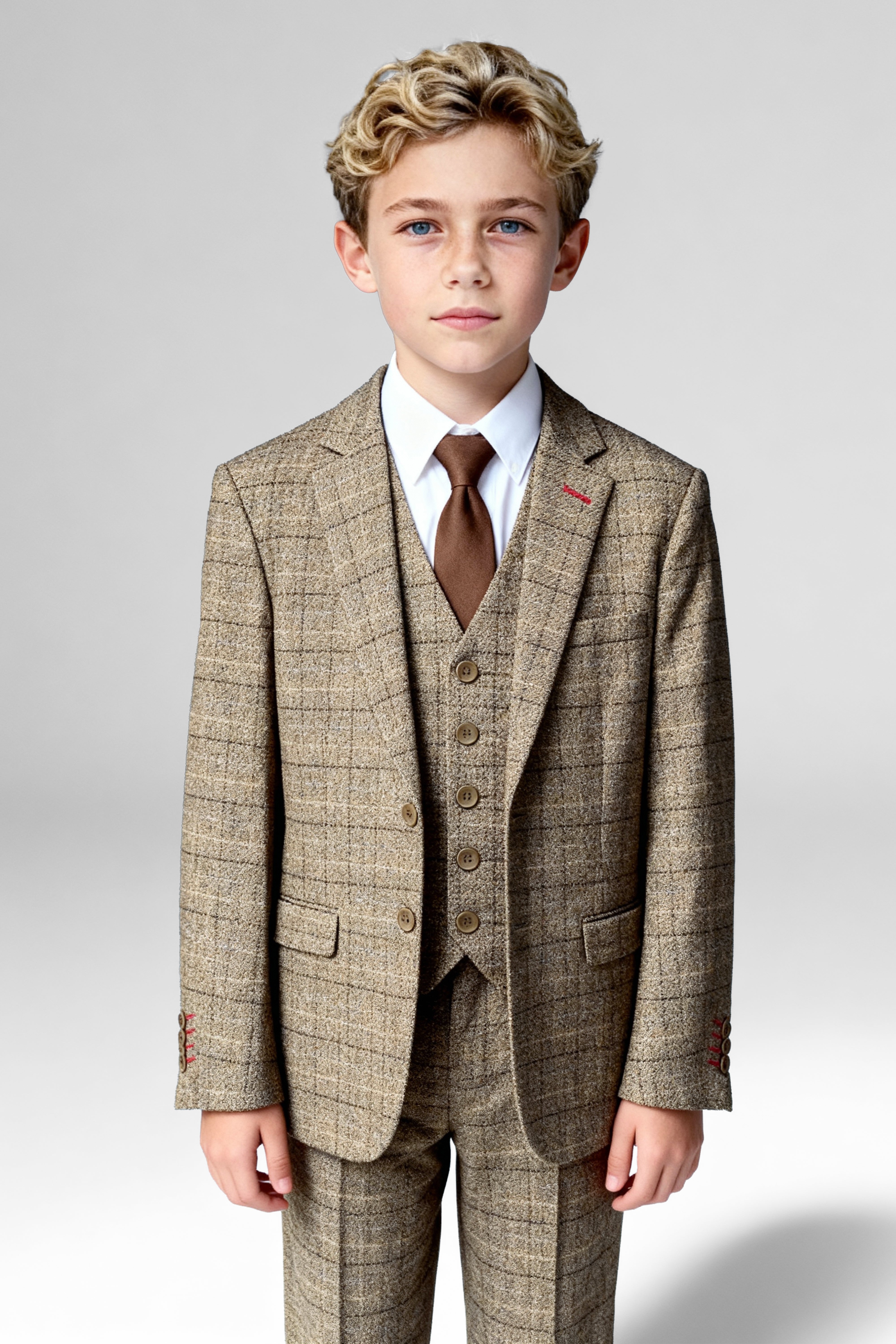 Boys 3-Piece Wool Tweed Windowpane Check Suit - Liam - Beige Model Picture