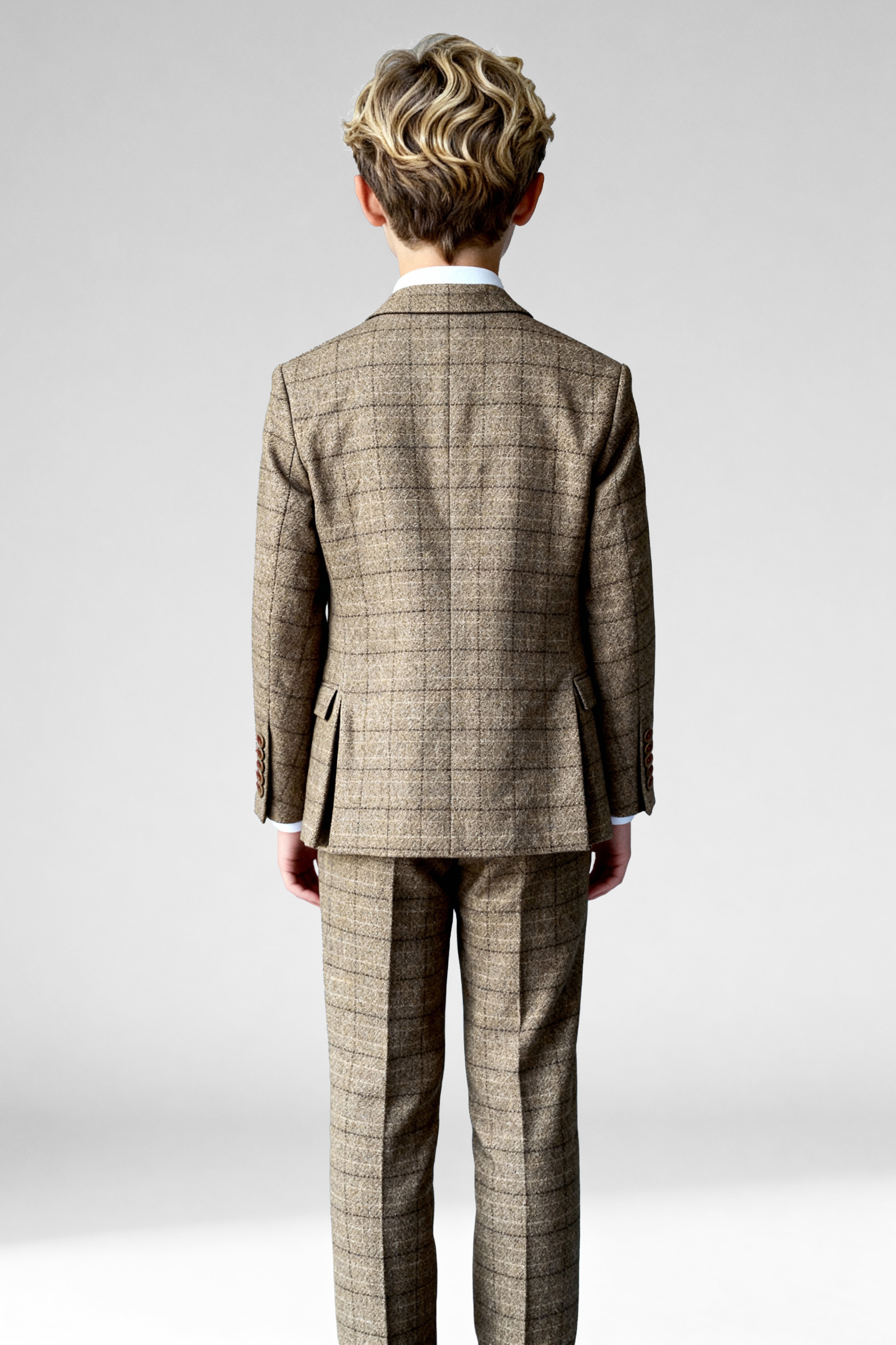 Boys 3-Piece Wool Tweed Windowpane Check Suit - Liam - Beige Back Picture