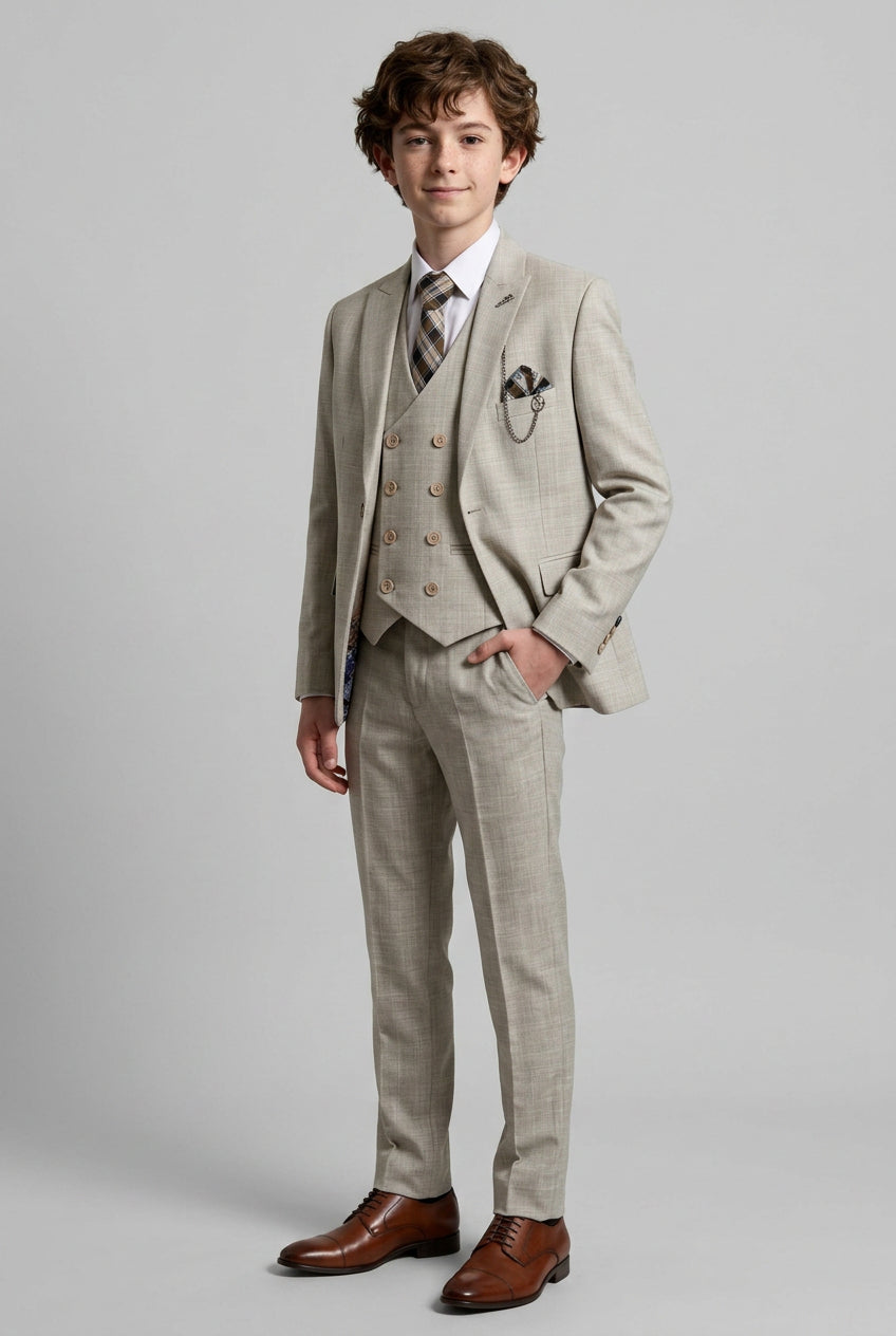 Costume slim fit garçon 3 pièces avec gilet croisé - Alfred Beige