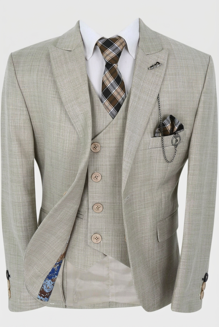 Costume slim fit garçon 3 pièces avec gilet croisé - Alfred Beige