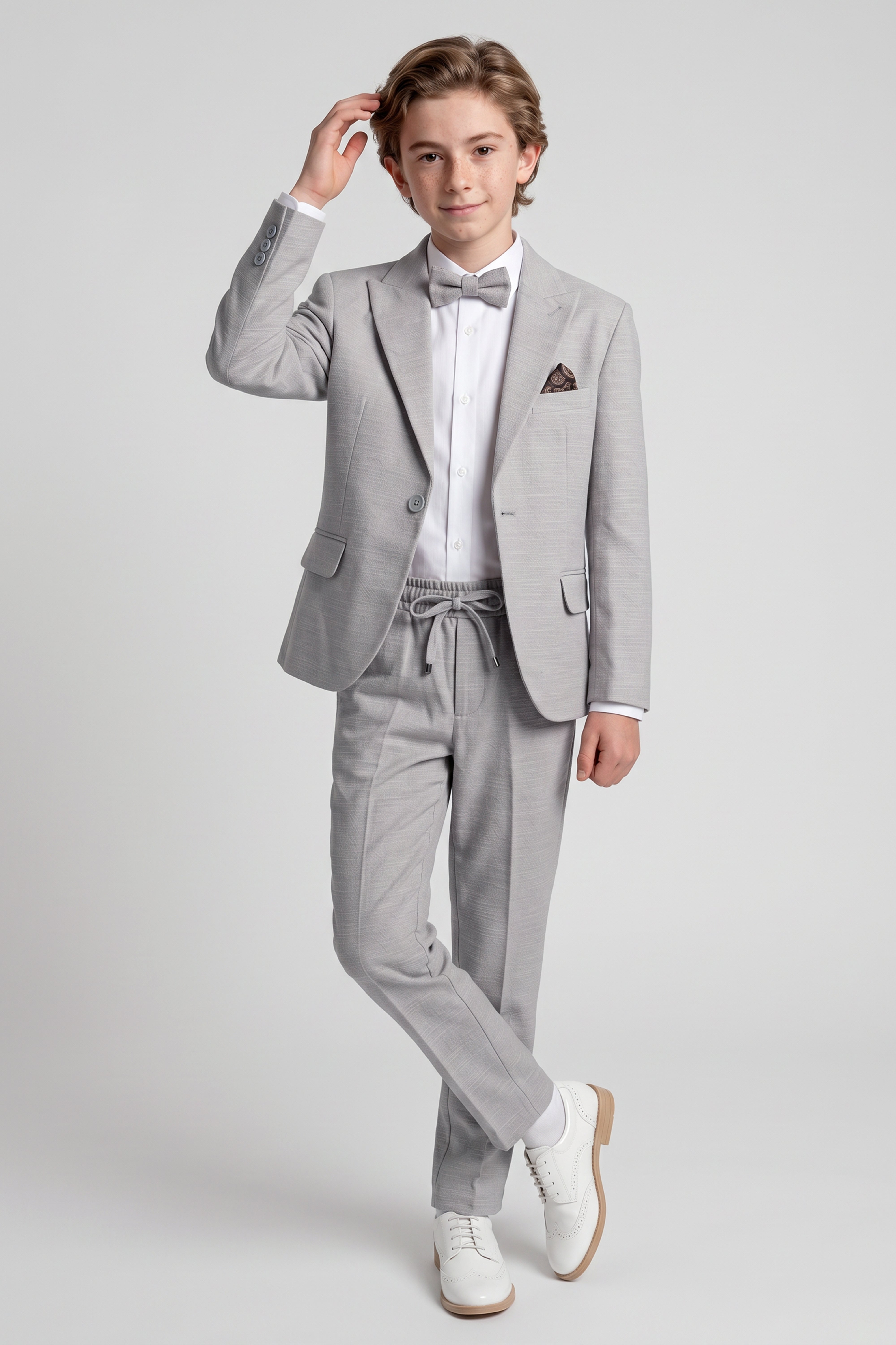 Boys 4-Piece Cotton Casual Suit - Stone  Model Front Picture