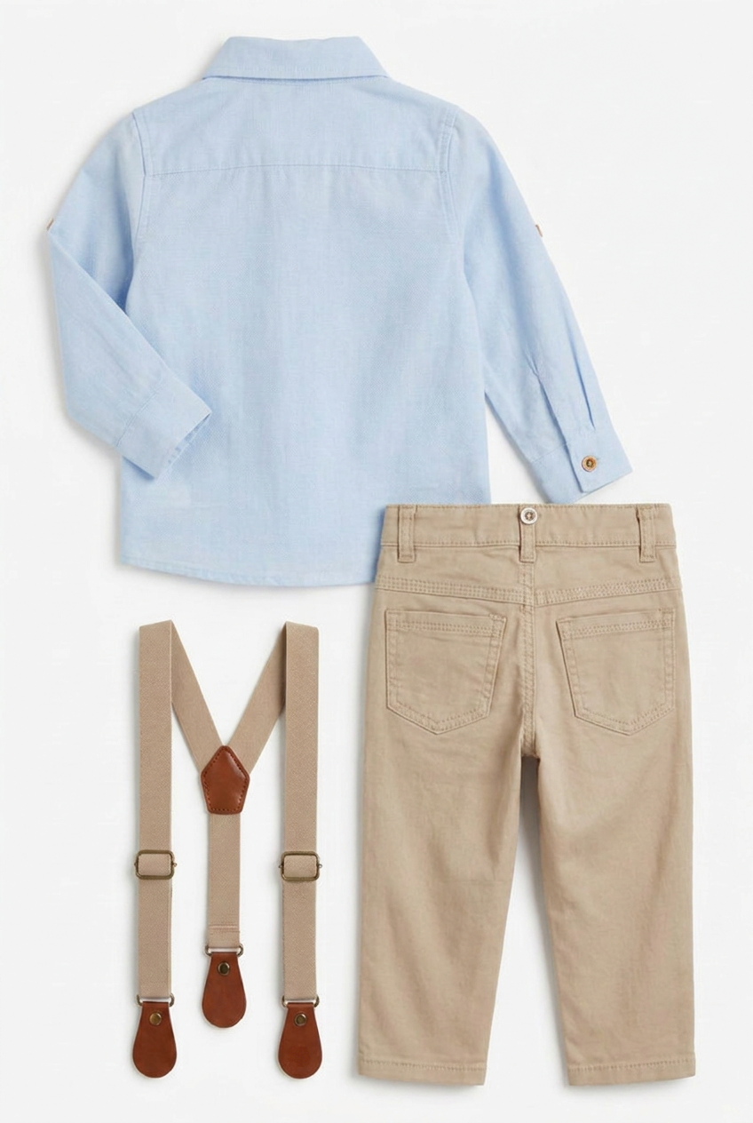 Boys 4-Piece Cotton Gentleman Outfit Set - Light Blue & Beige Back Picture