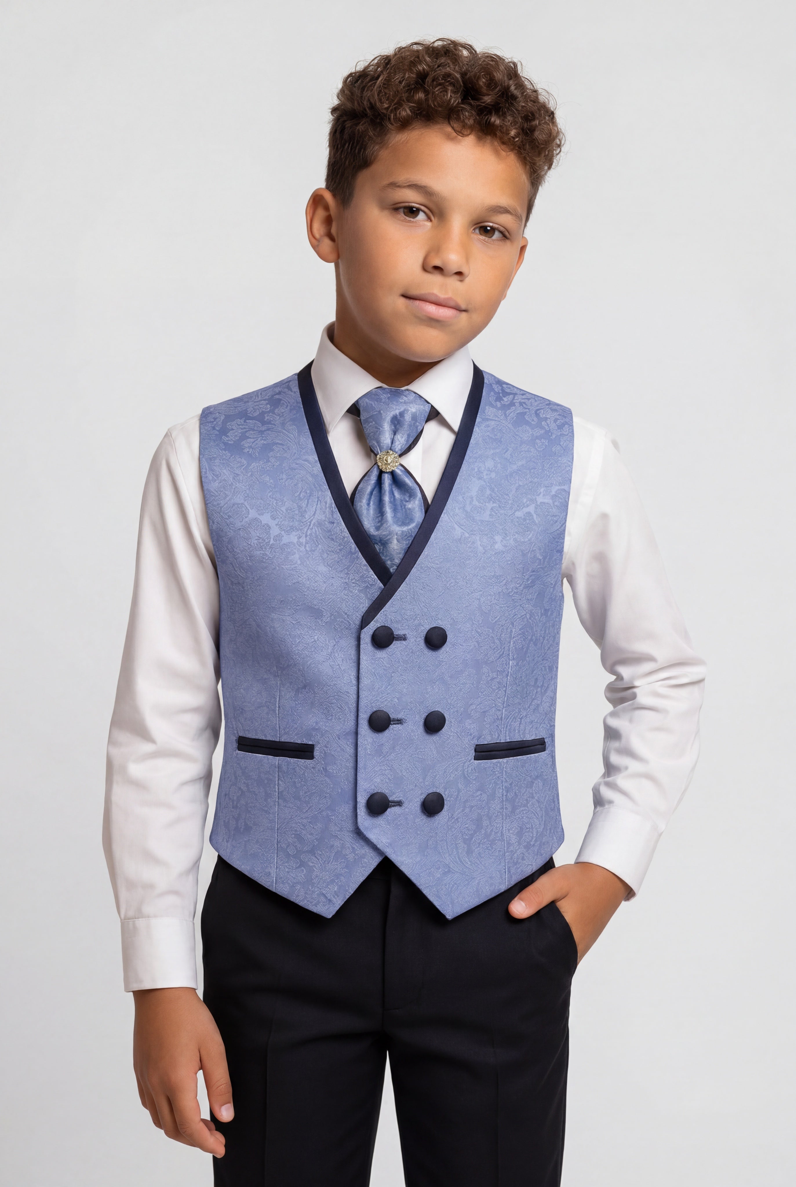 Ensemble gilet et cravate jacquard à motif cachemire 4 pièces pour garçon - Bleu