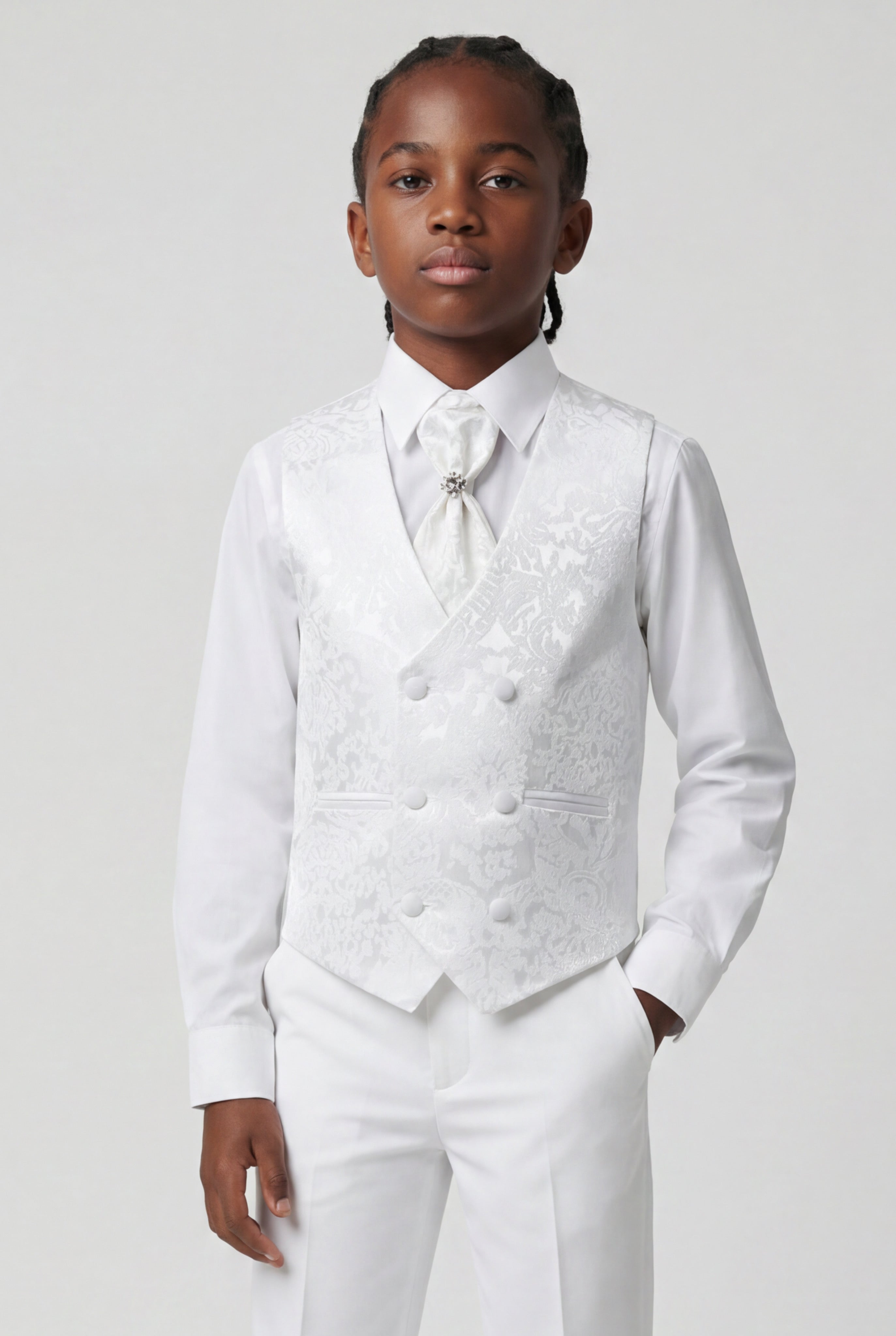 Boys 4-Piece Paisley Jacquard Waistcoat Cravat Set - Damask White Model Picture