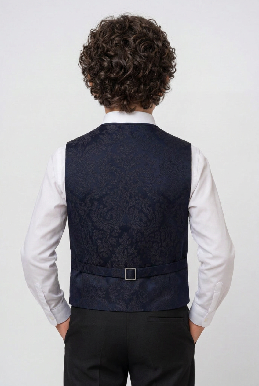 Ensemble garçon 4 pièces gilet jacquard paisley et cravate - Marine