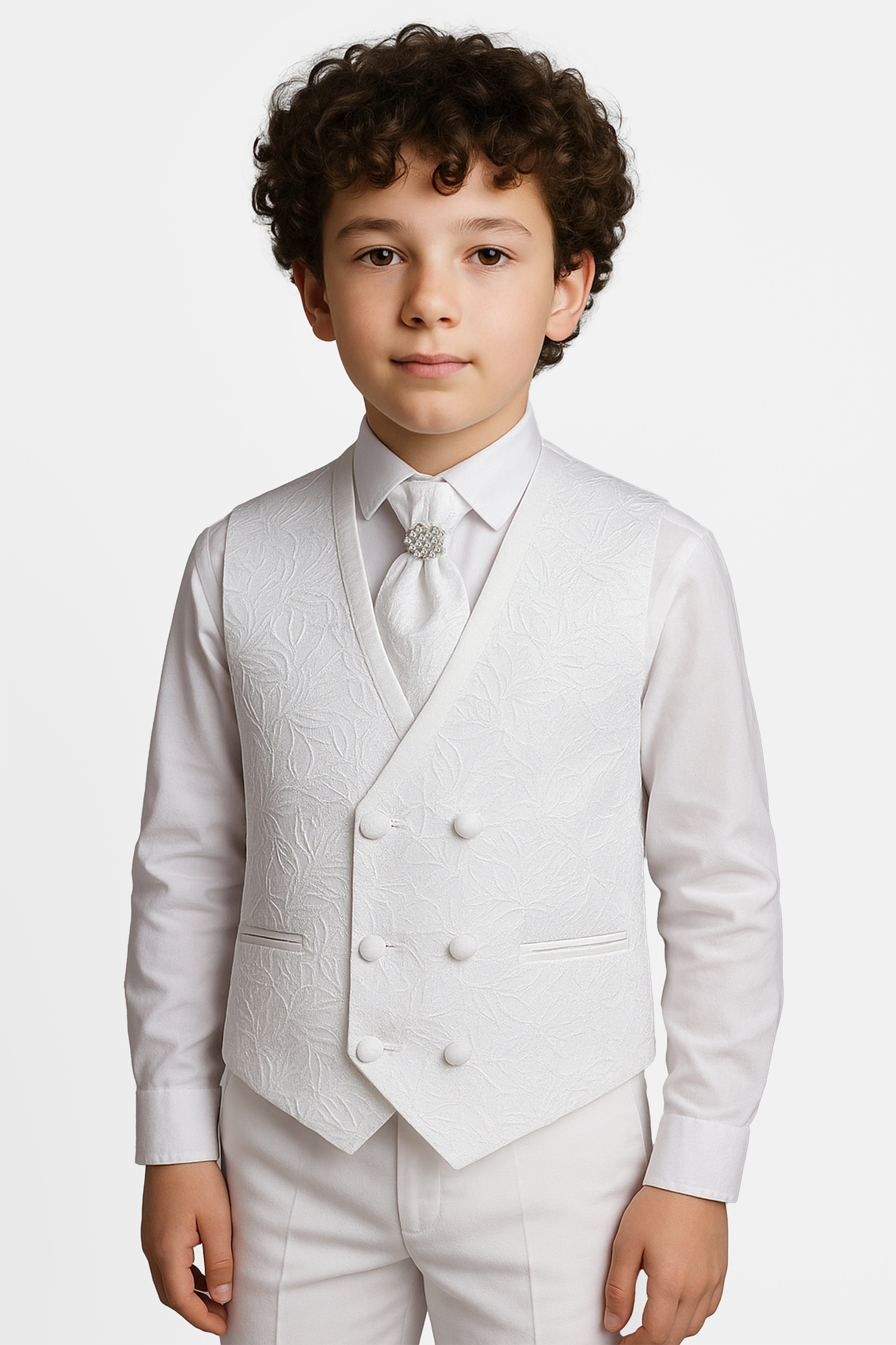 Conjunto para niños de 4 piezas: chaleco jacquard con diseño de cachemira y corbatín - Blanco