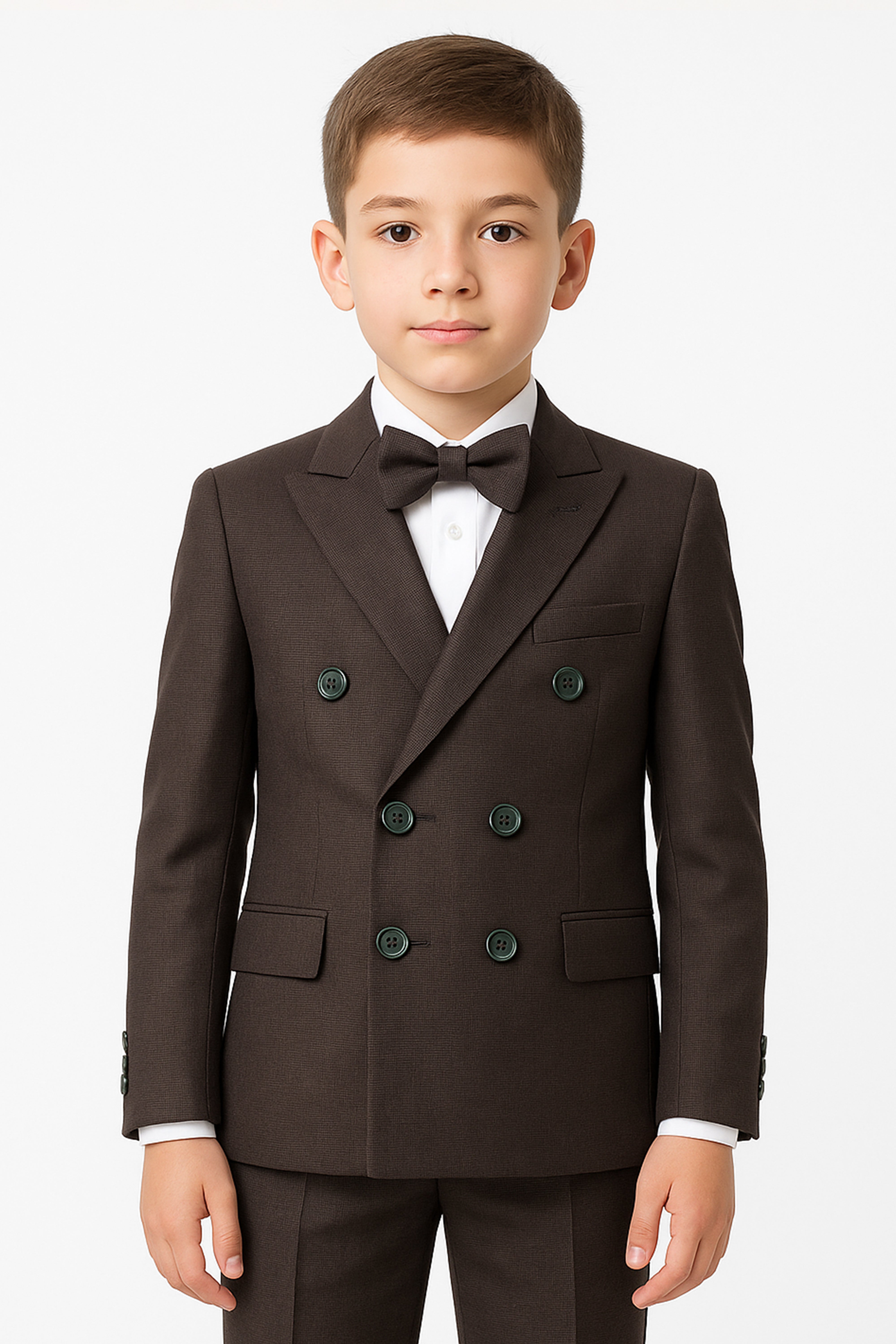 Boys 4-Piece Slim Fit Double Breasted Suit Set - Dark Brown Front Picture