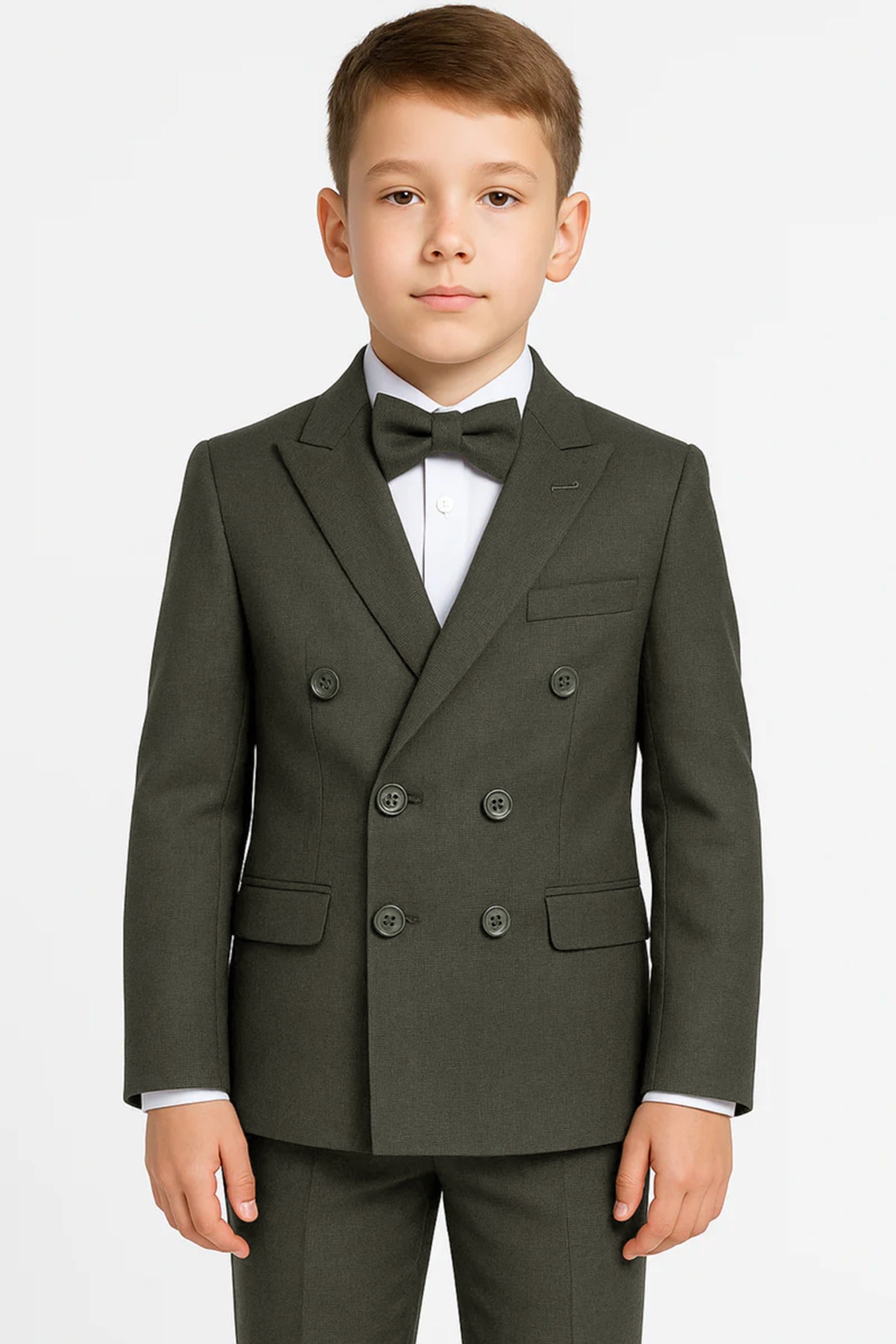 Boys 4-Piece Slim Fit Double Breasted Suit Set - Dark Green 