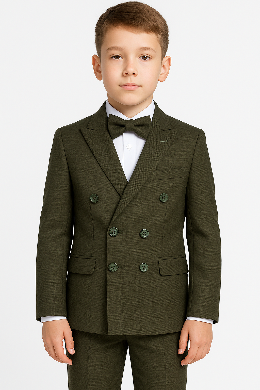 Boys 4-Piece Slim Fit Double Breasted Suit Set - Dark Green Model Picture