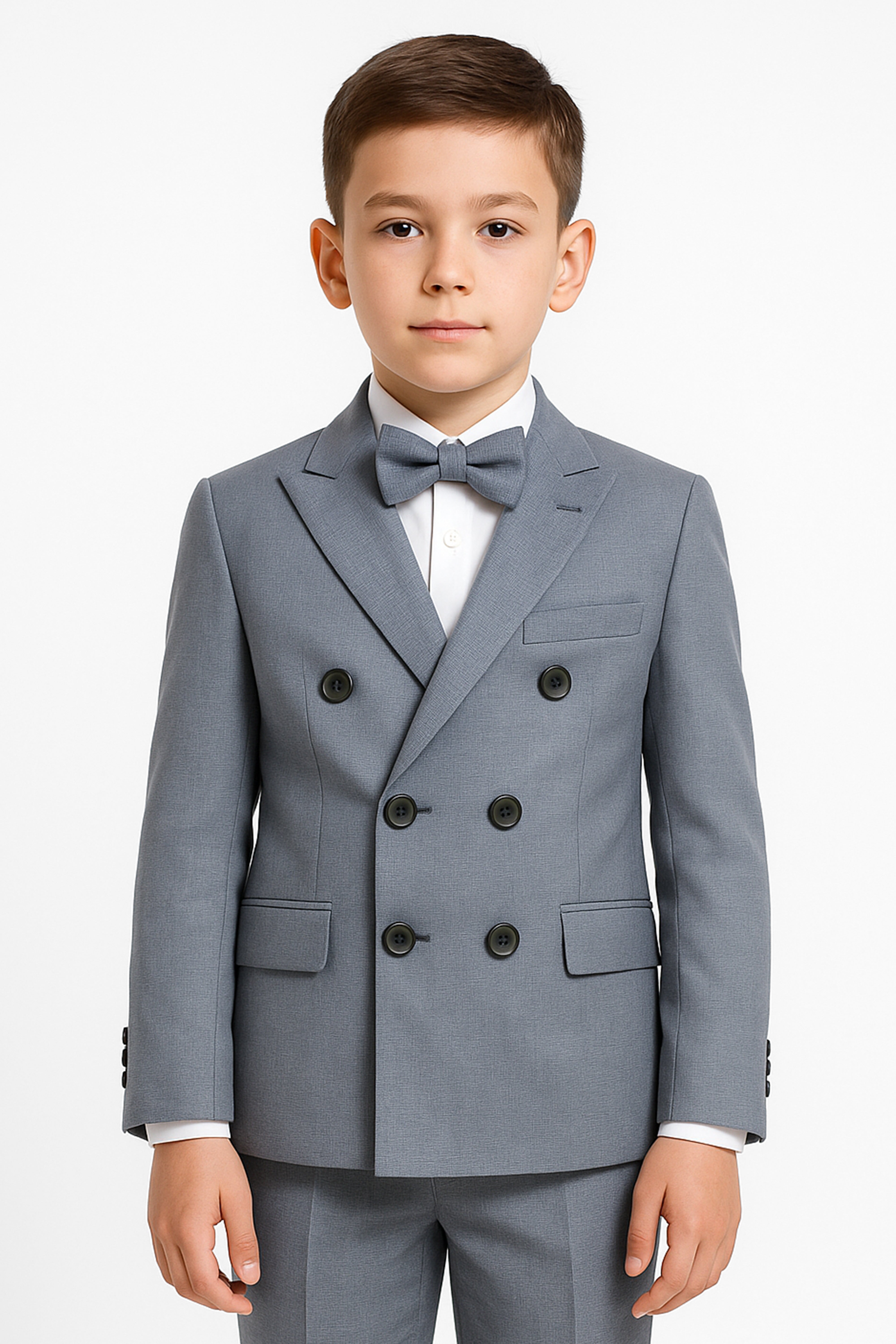 Boys 4-Piece Slim Fit Double Breasted Suit Set - Grey Model Picture
