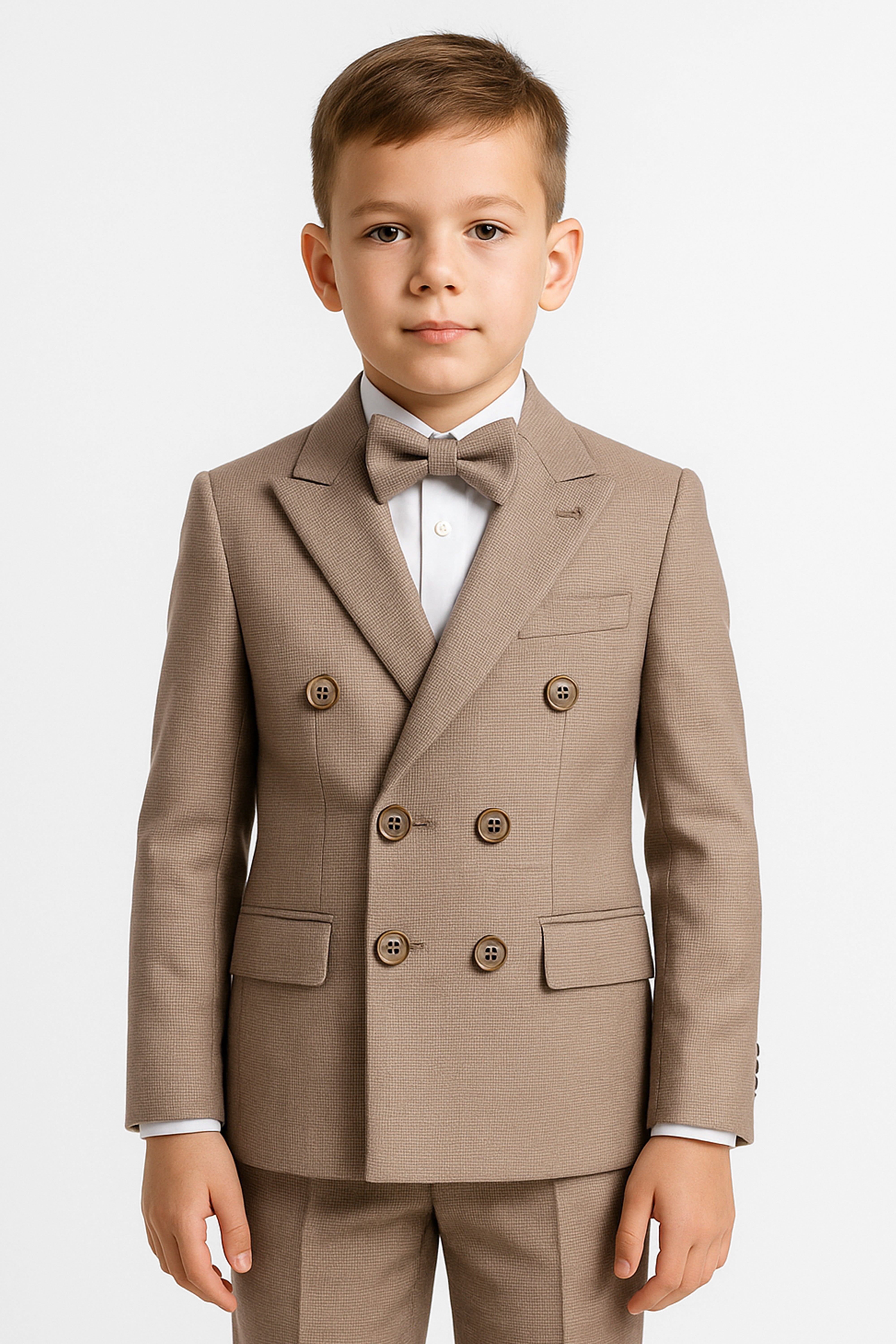 Boys 4-Piece Slim Fit Double Breasted Suit Set - Light Brown Model Picture
