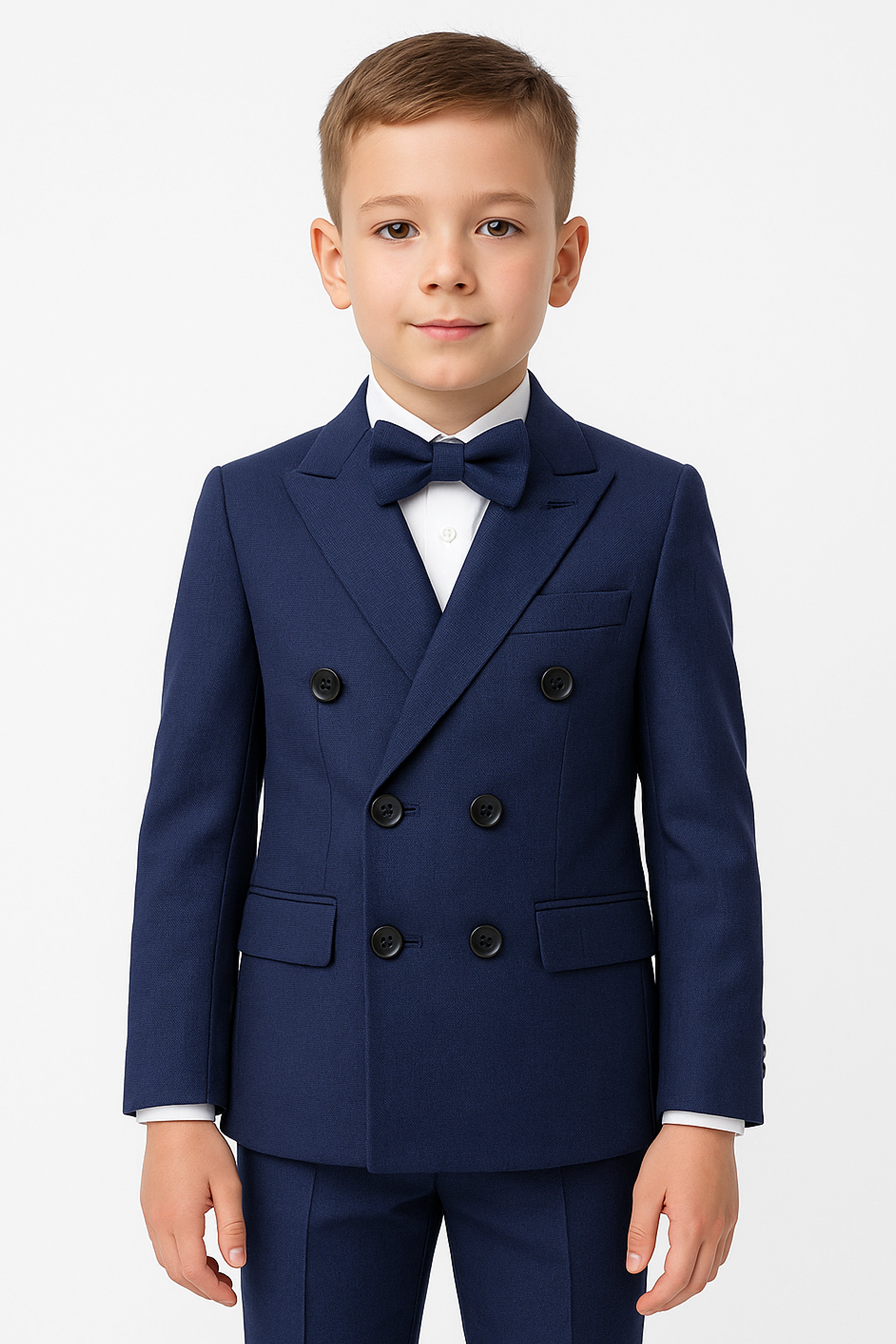 Boys 4-Piece Slim Fit Double Breasted Suit Set - Navy Model Front Picture