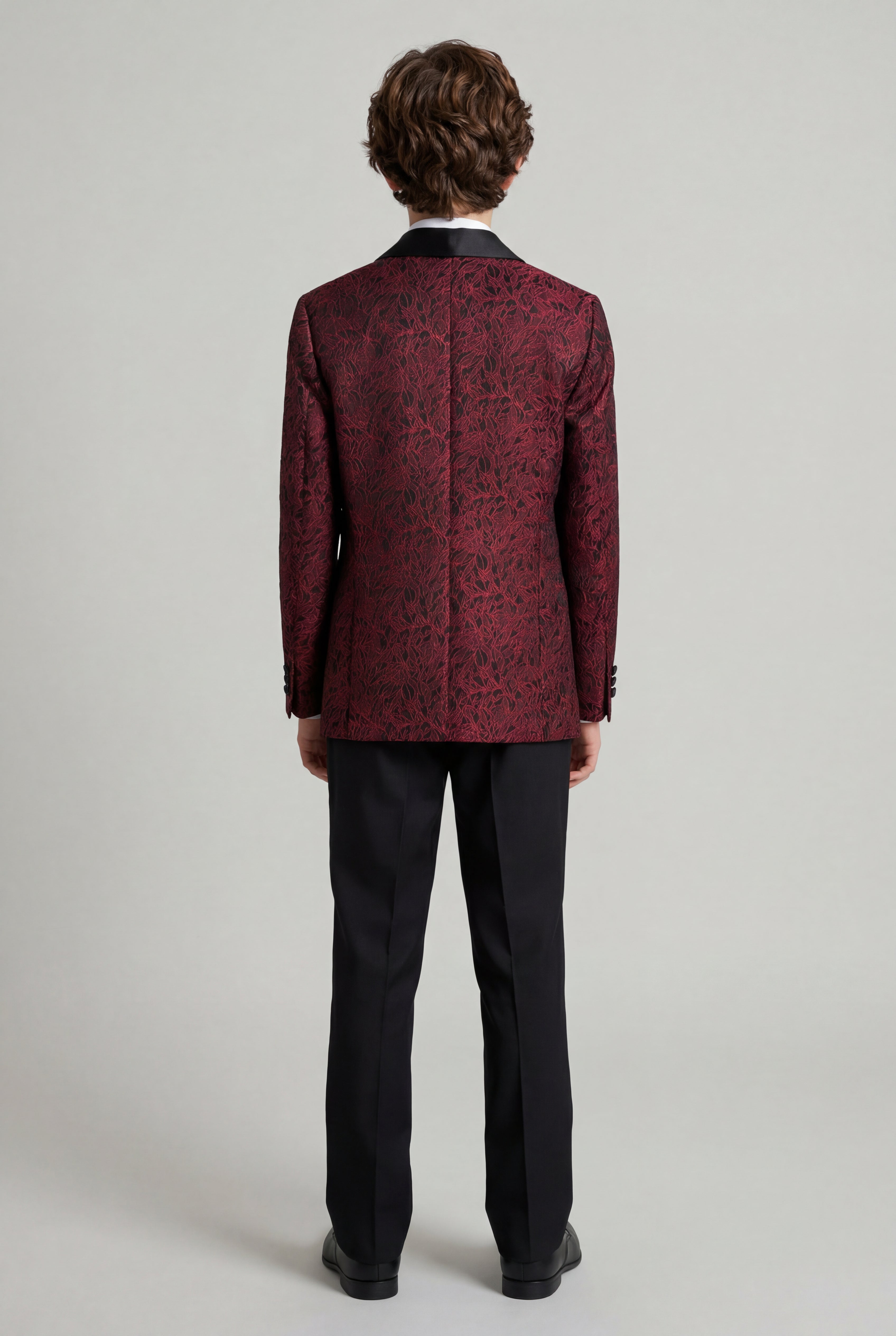 Boys 5-Piece Burgundy Jacquard Tuxedo Suit Back Picture