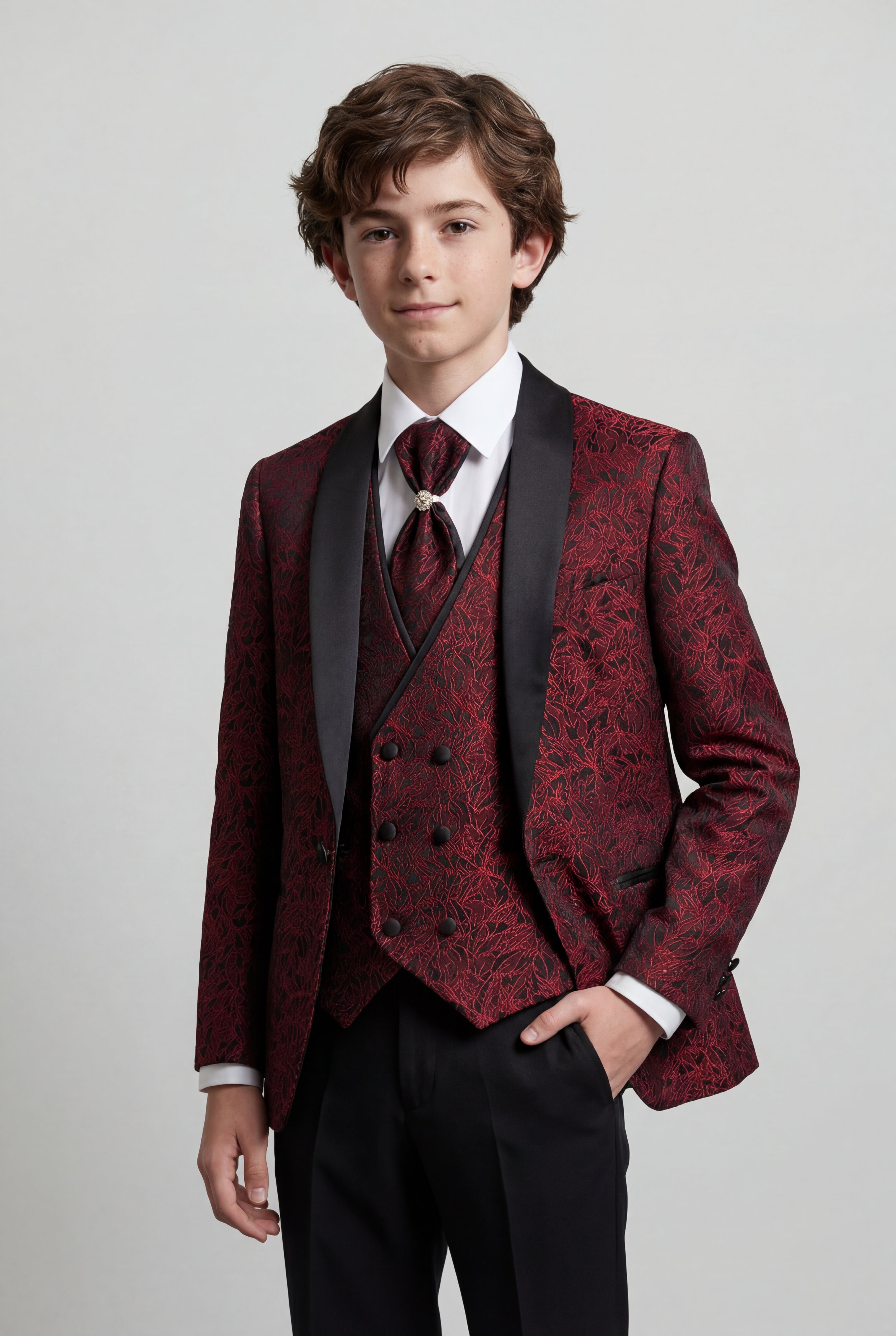 Boys 5-Piece Burgundy Jacquard Tuxedo Suit Main Picture