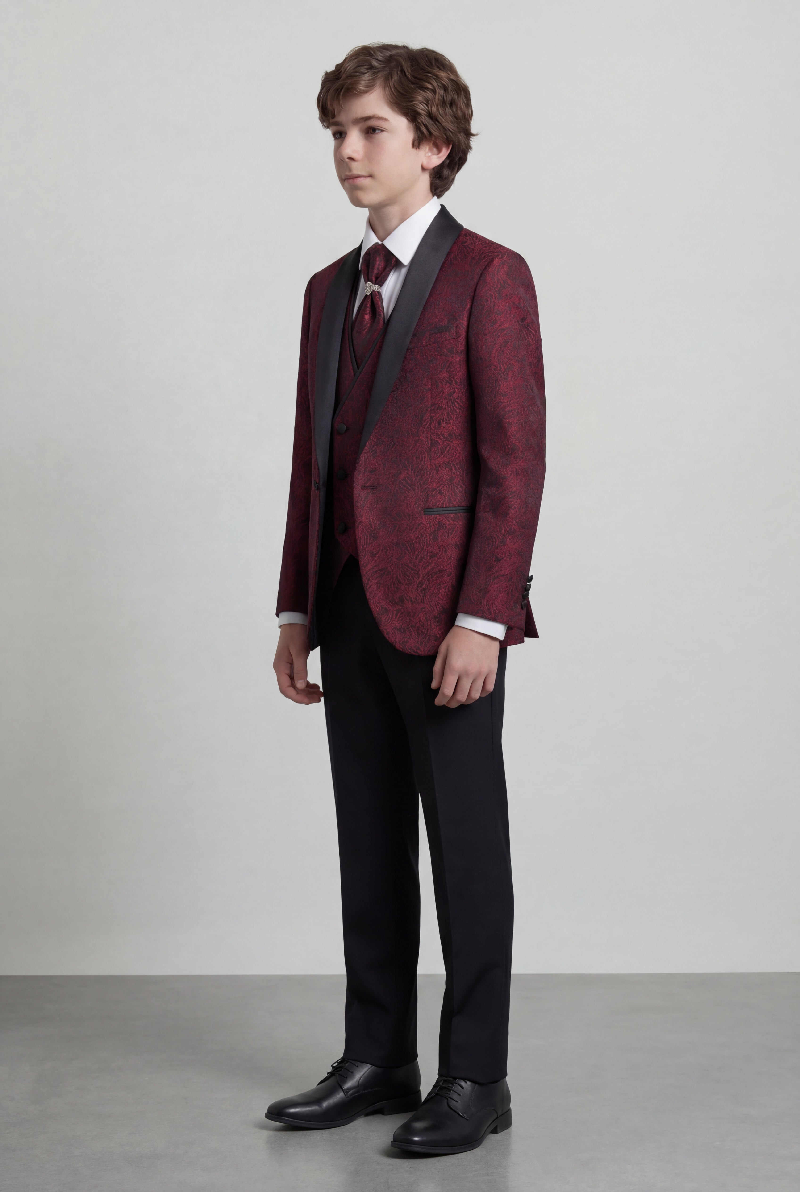 Boys 5-Piece Burgundy Jacquard Tuxedo Suit Side Picture