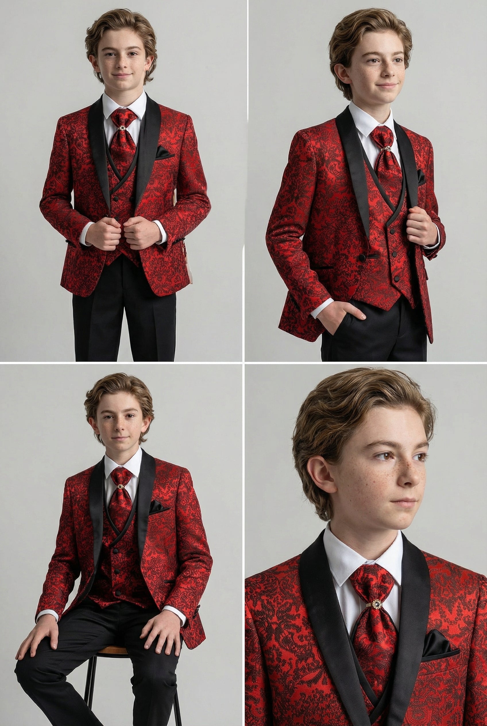 Boys 5-Piece Damask Jacquard Tuxedo Suit - Red