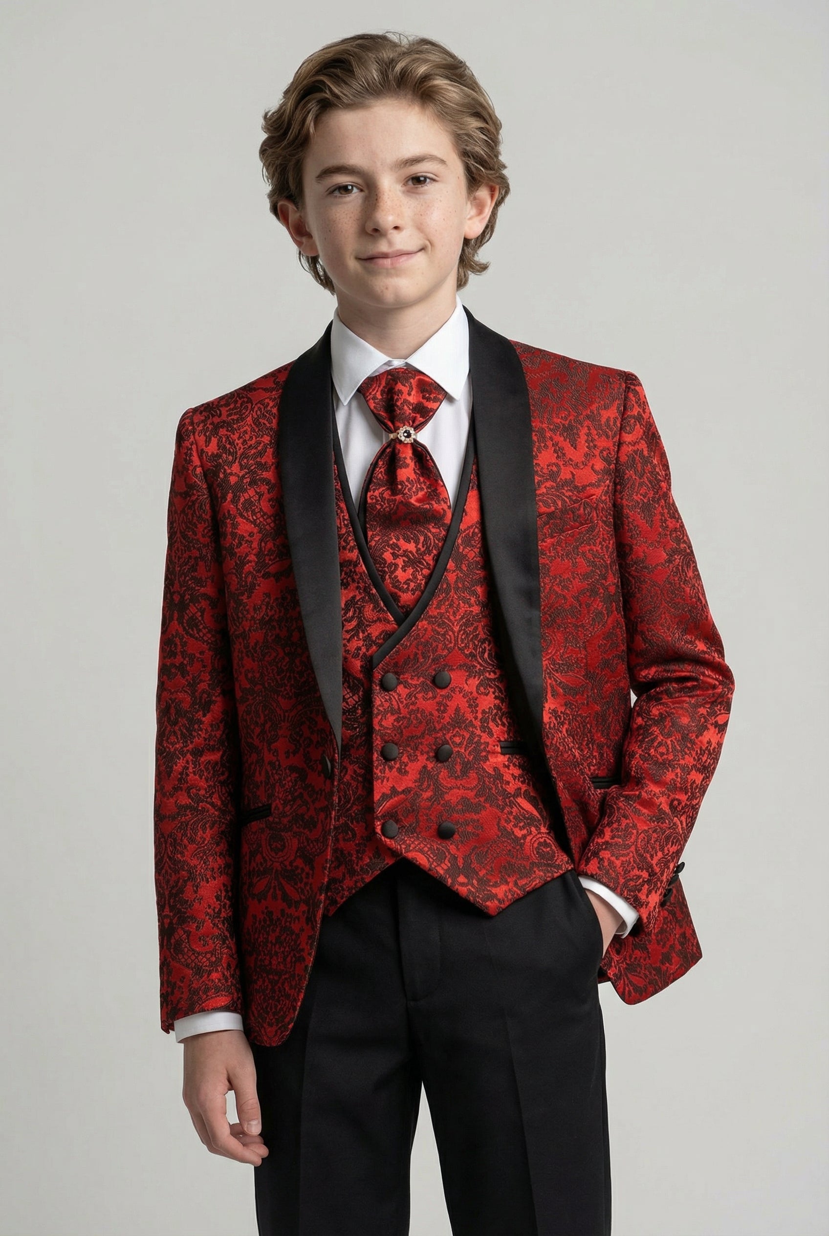 Boys 5-Piece Damask Jacquard Tuxedo Suit - Red Main Picture