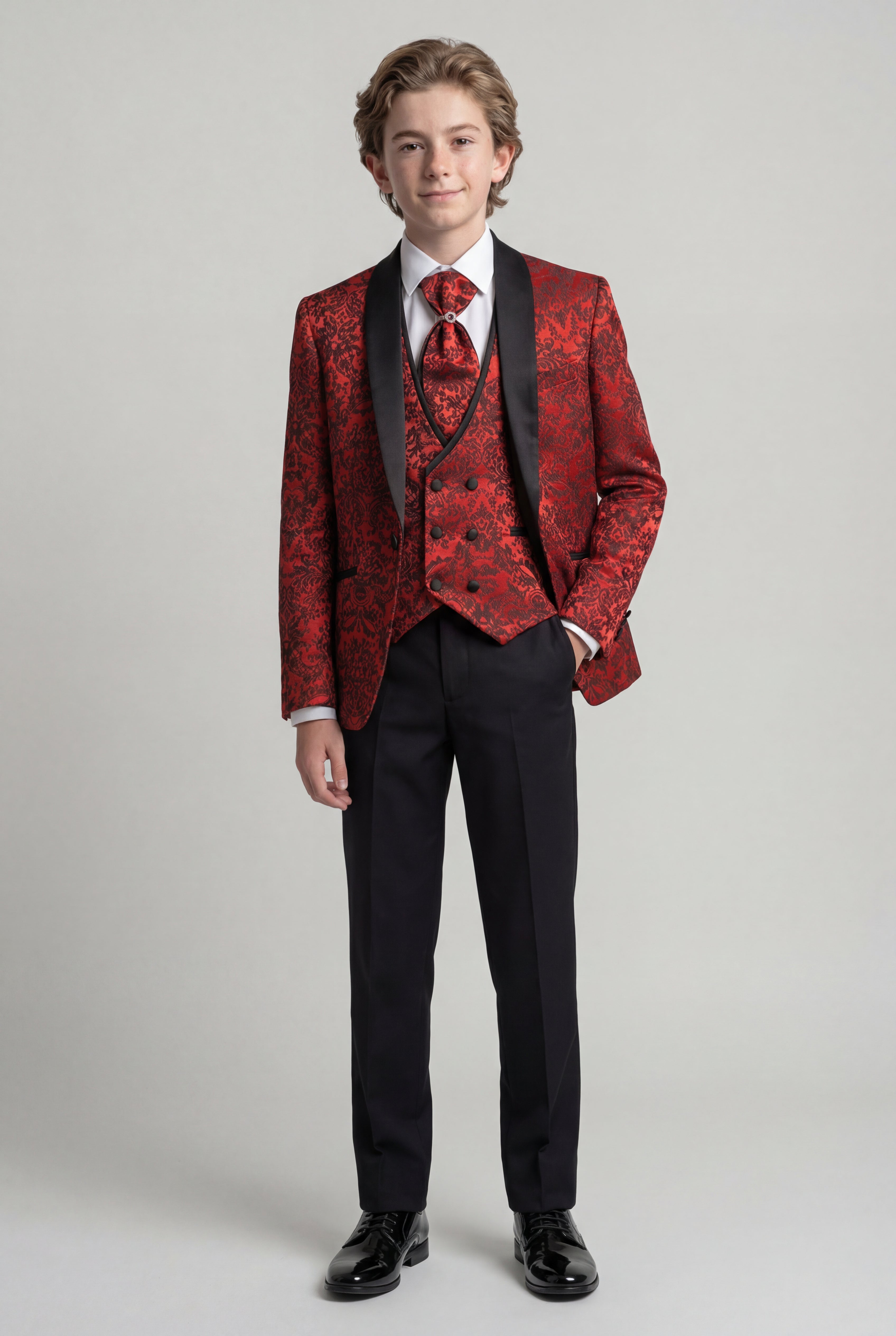 Boys 5-Piece Damask Jacquard Tuxedo Suit - Red Front Picture