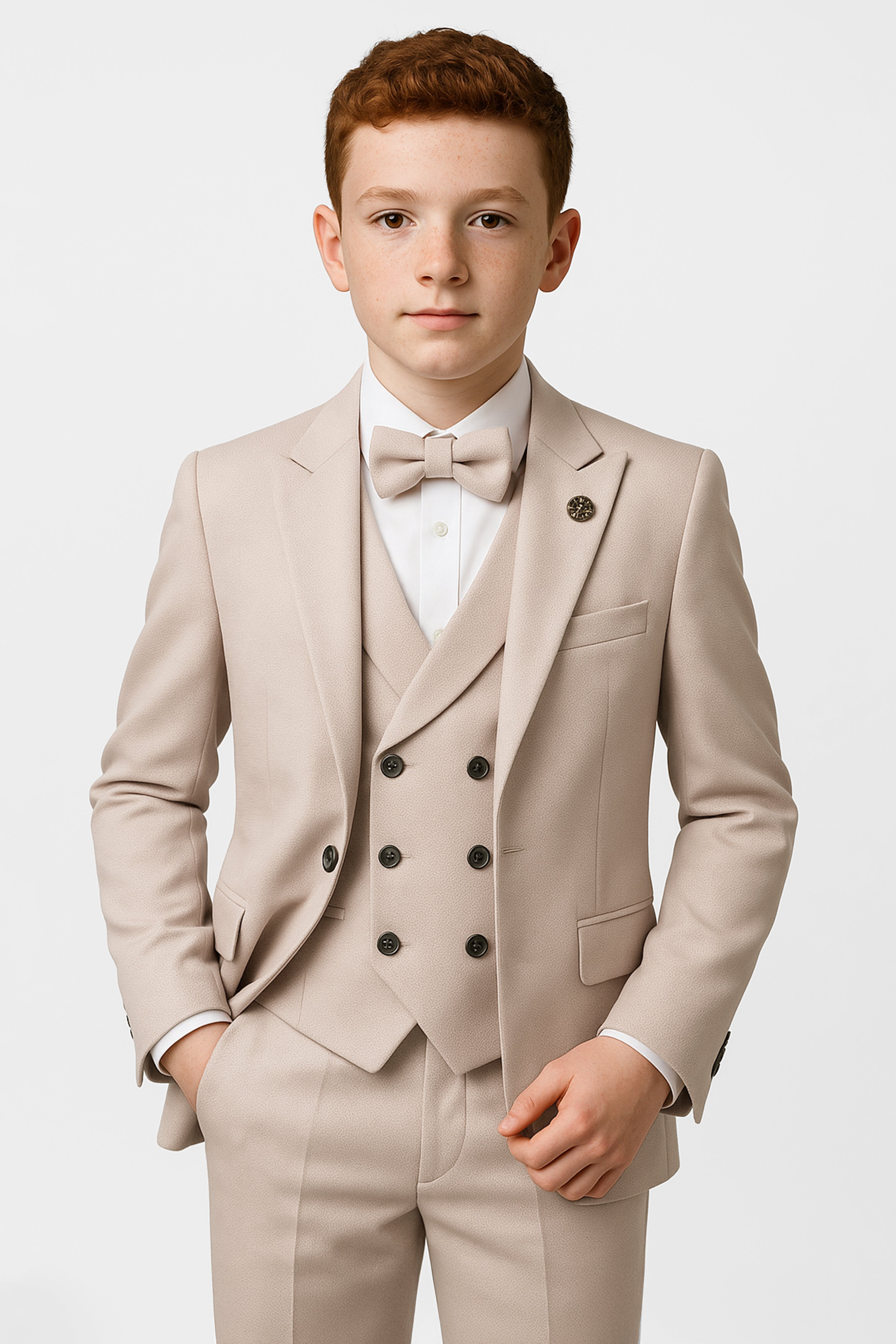 Boys 5-Piece Formal Prom Suit with Double Breasted Waistcoat - Beige Front Picture