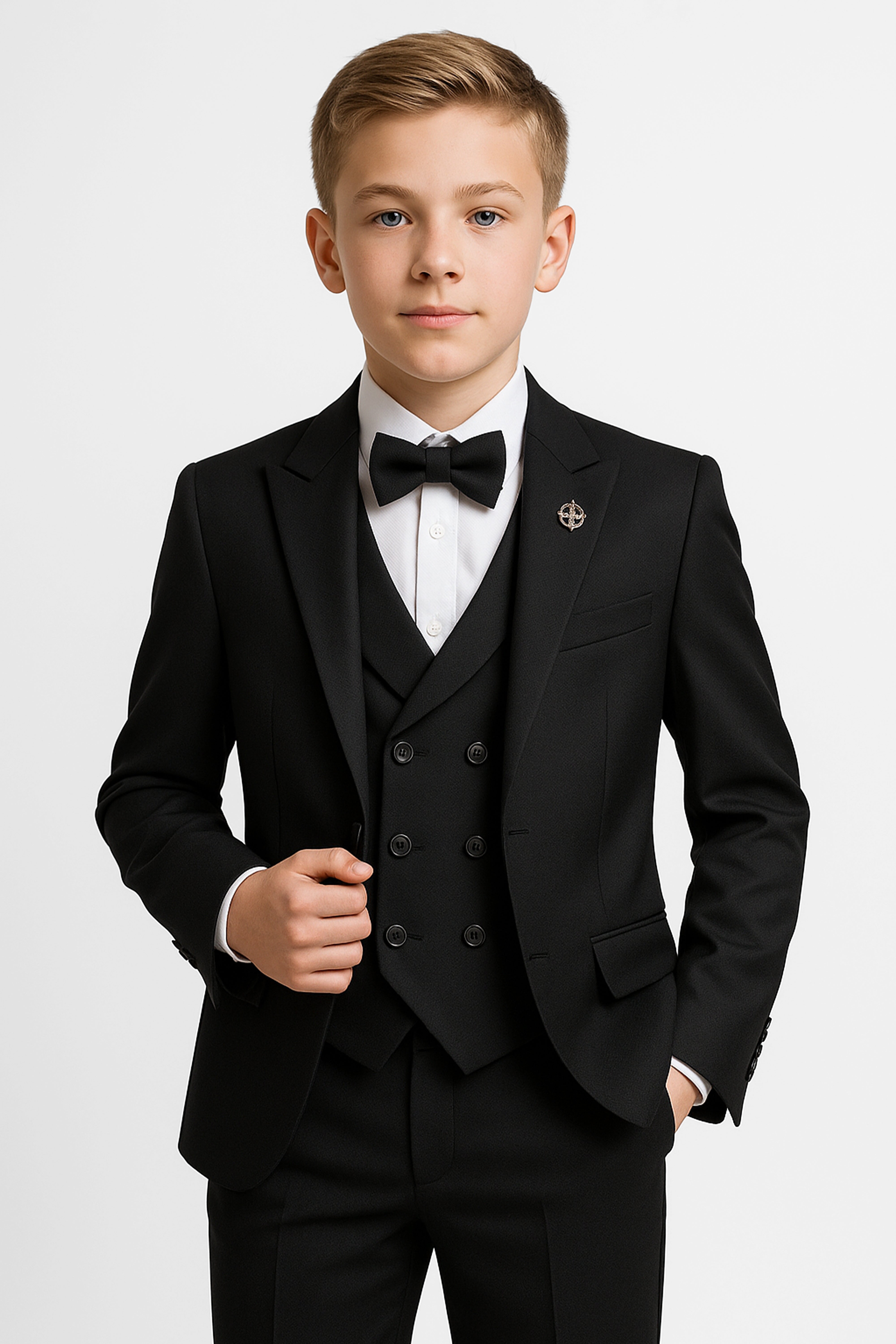 Boys 5-Piece Formal Prom Suit with Double Breasted Waistcoat - Black Model Picture