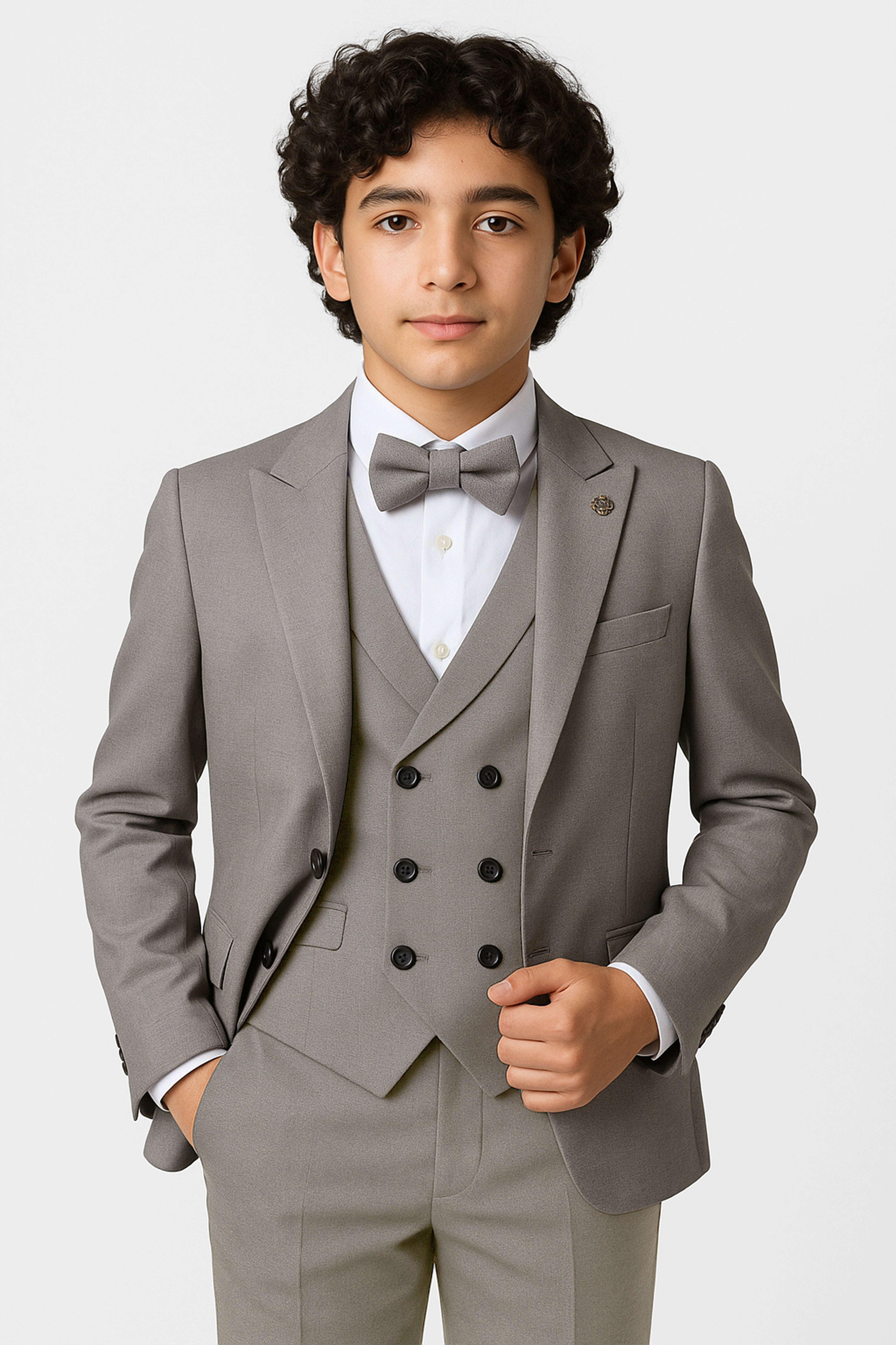 Boys 5-Piece Formal Prom Suit with Double Breasted Waistcoat - Grey Front Picture